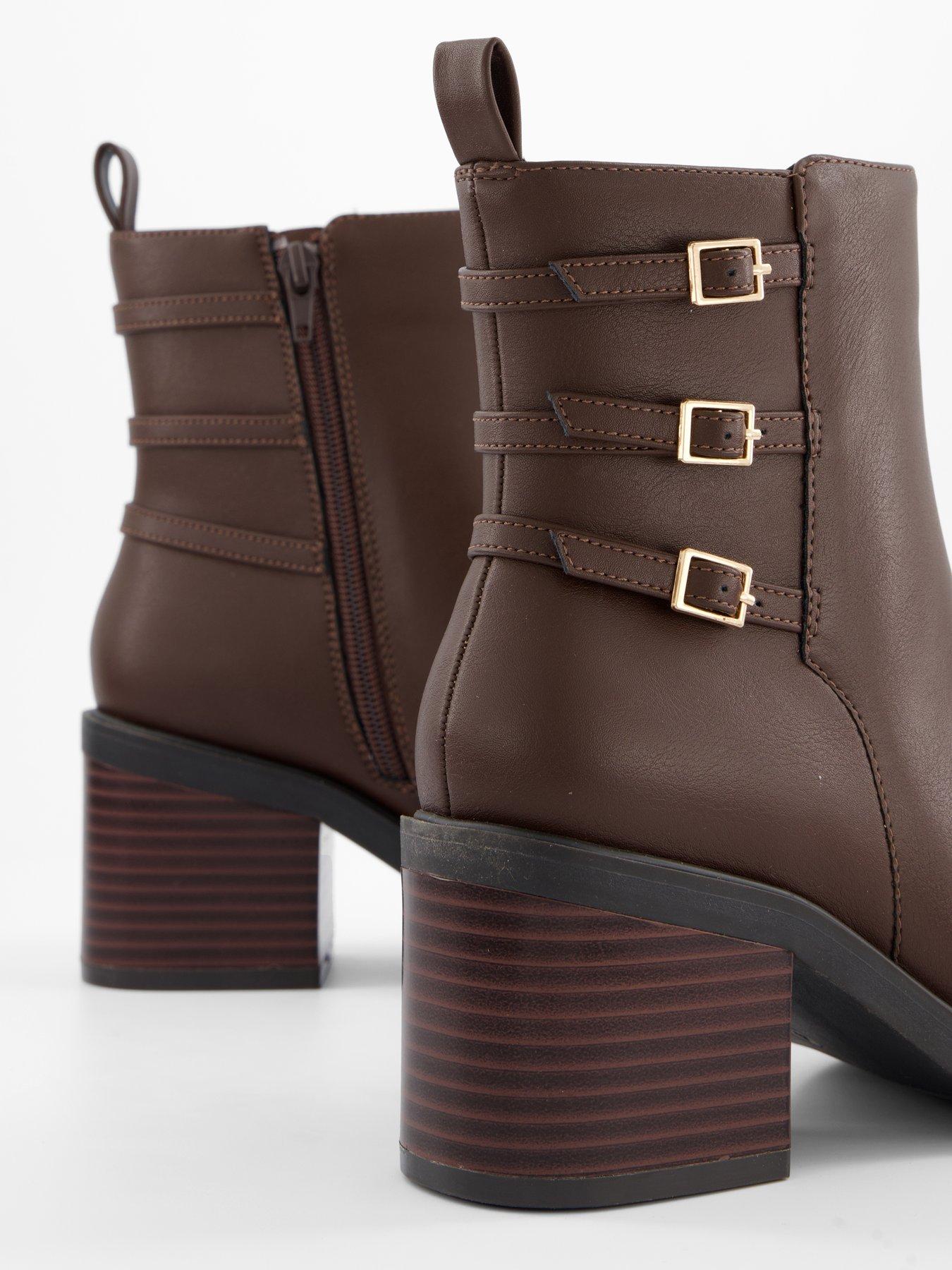 Image 6 of 7 of V by Very Triple Buckle Block Heel Ankle Boot - Brown