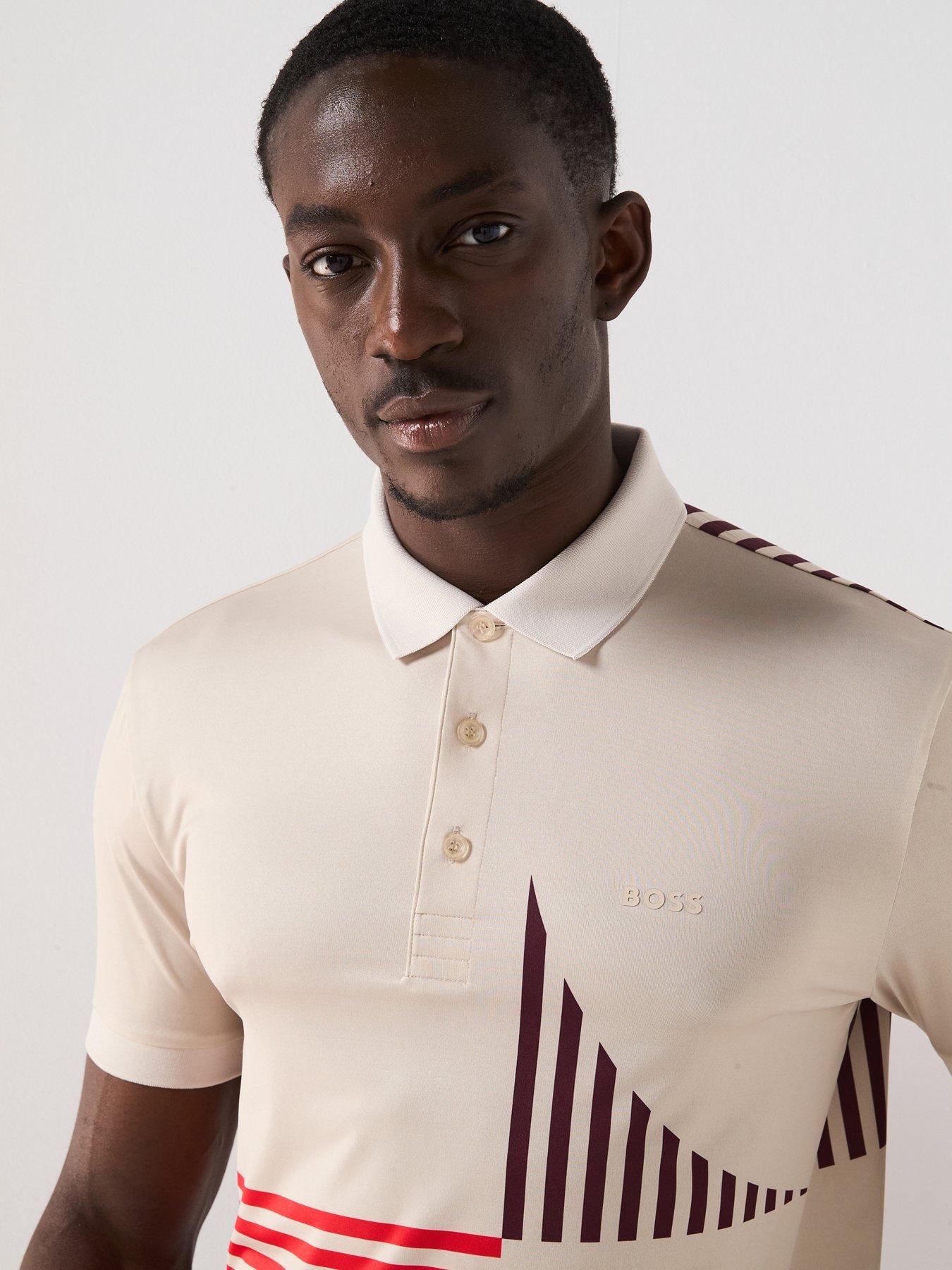 Image 4 of 4 of BOSS Mens Golf Paddy Striped Regular Firt Polo - Beige