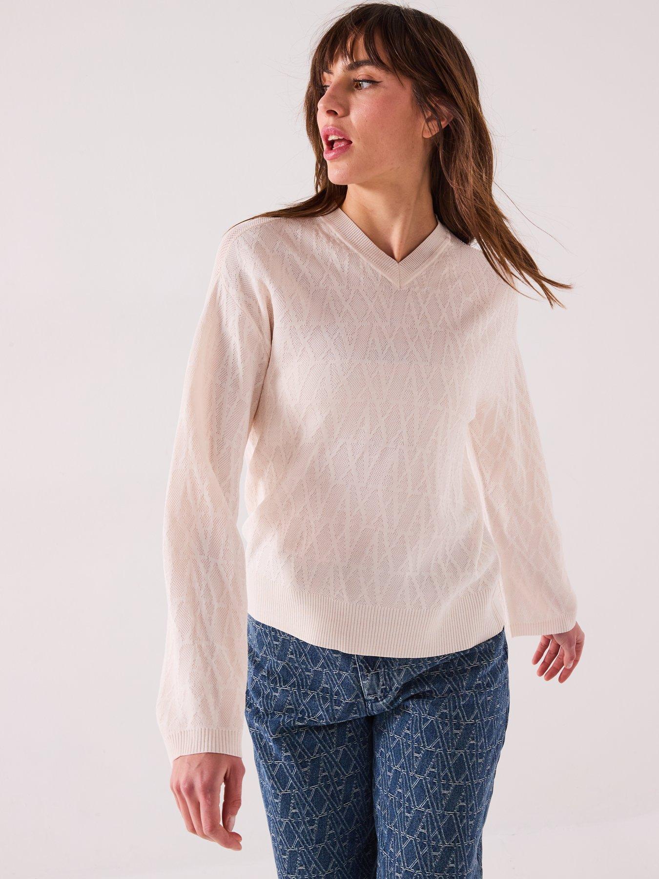 Armani Exchange Knitted Viscose Logo Jumper, Cream, Size L, Women