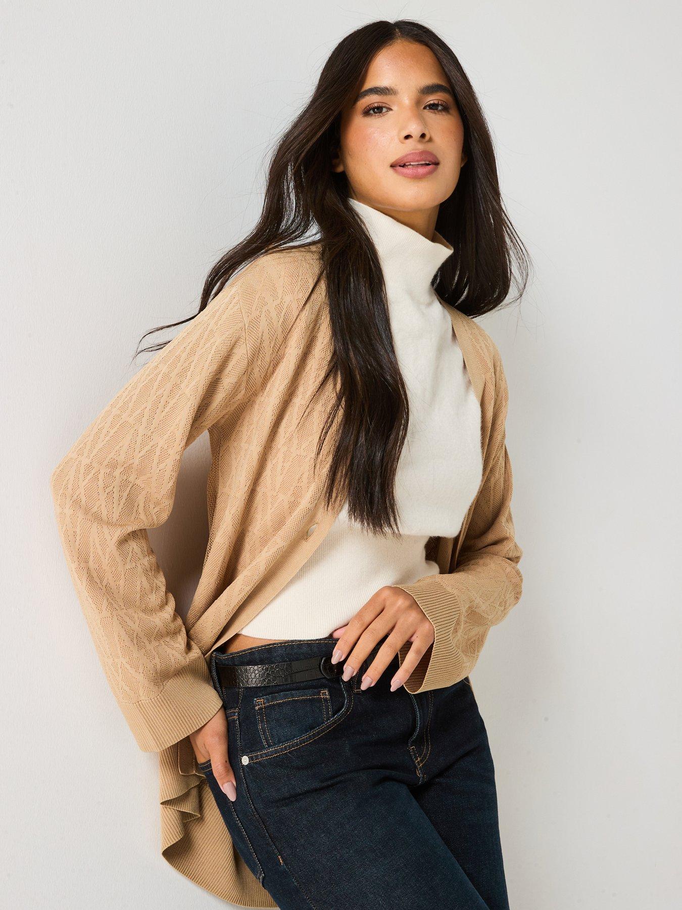 Image 1 of 5 of Armani Exchange Knitted Viscose Logo Cardigan - Beige