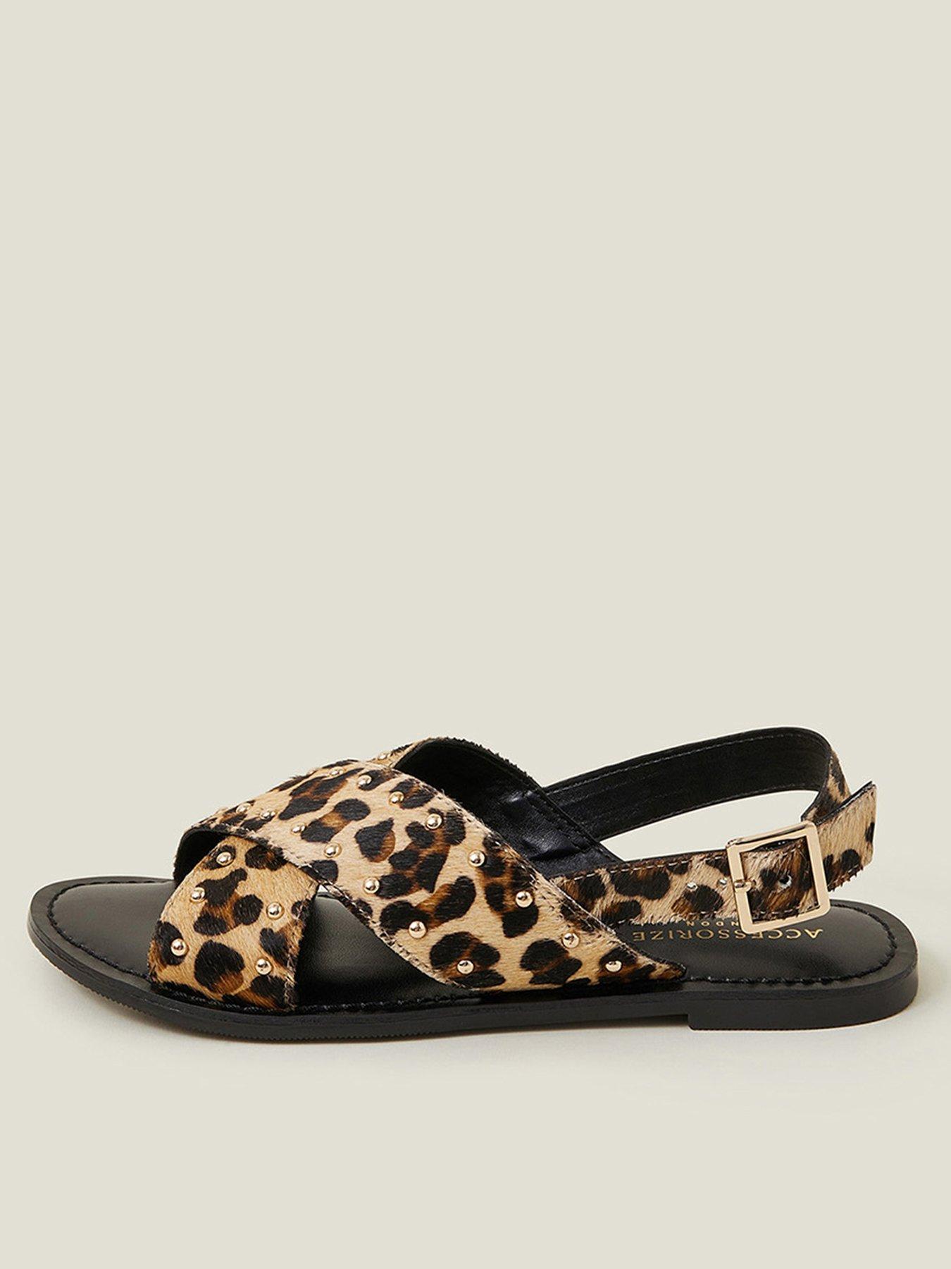 undefined Leopard Print Cross Strap Leather Sandals