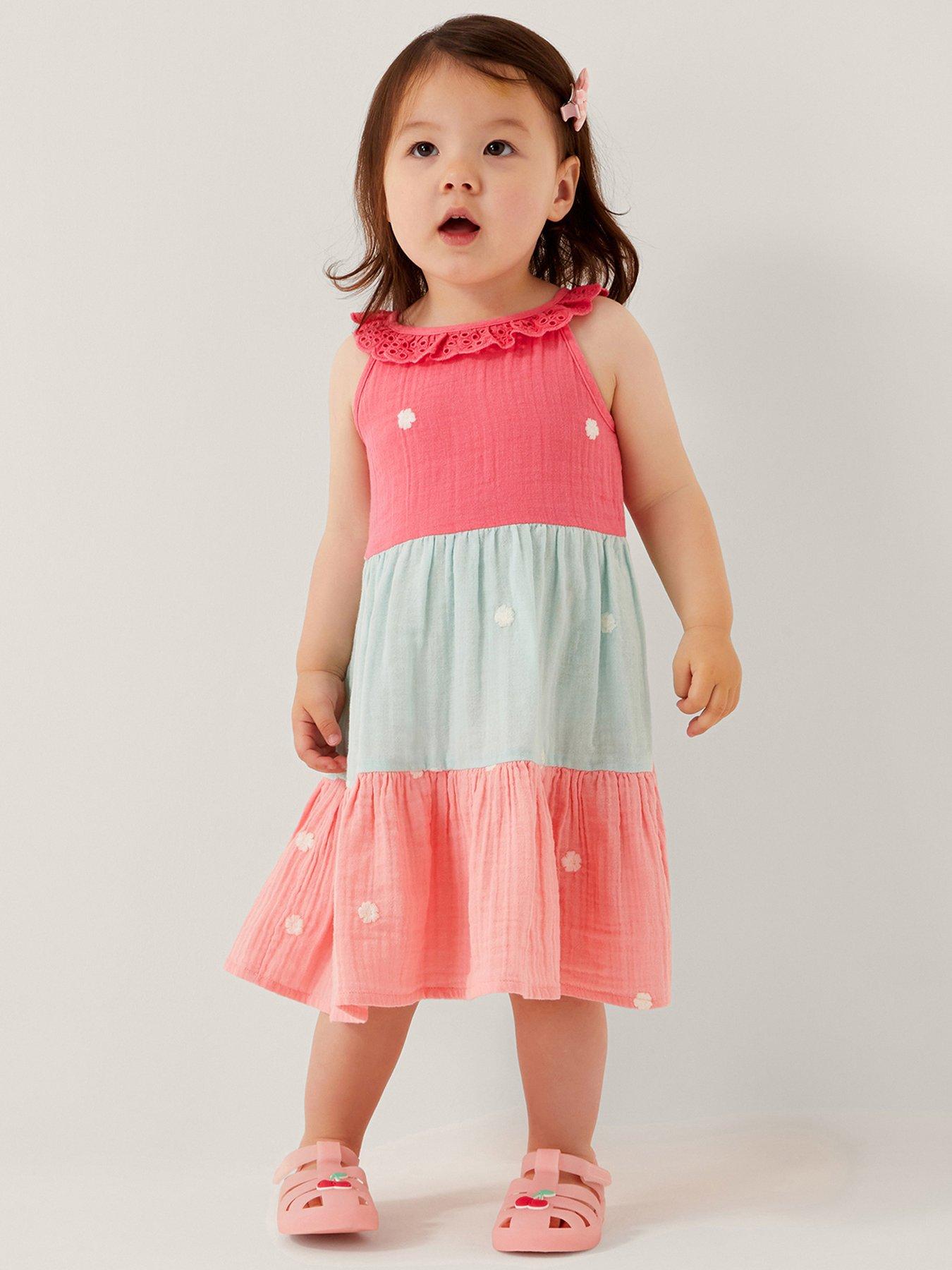 Image 1 of 4 of Monsoon Baby Girls Floral Embroidered Tiered Dress - Multi