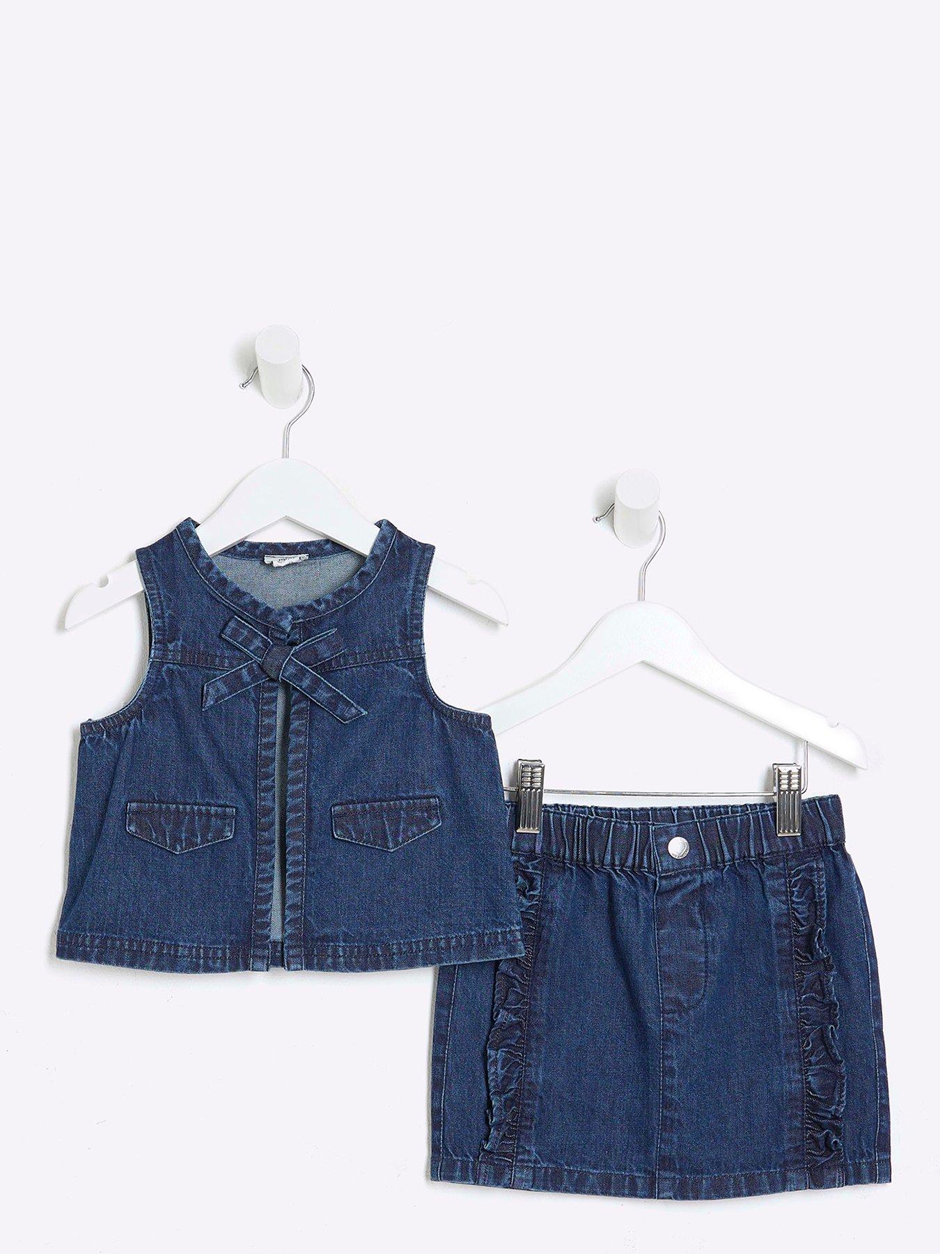 Image of River Island Mini Mini Girls Denim Gilet And Skirt Set - Denim Blue