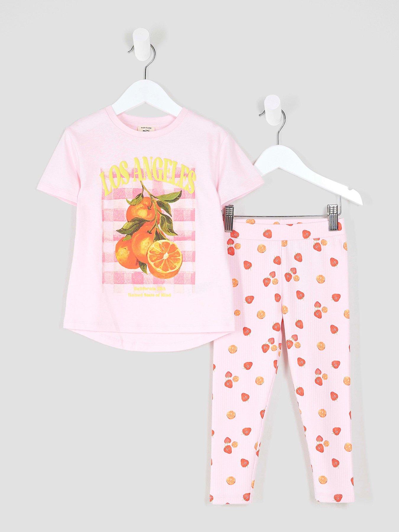 Image 1 of 4 of River Island Mini Girls Orange Print T-Shirt &amp; Leggings Set - Pink