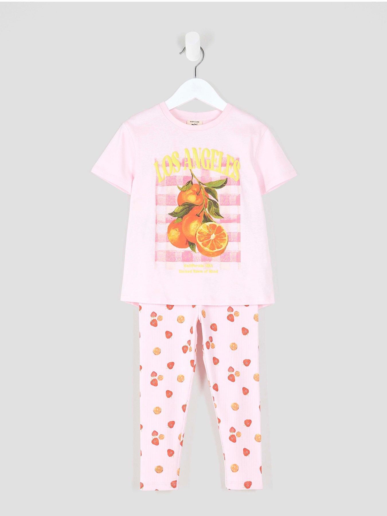Image 3 of 4 of River Island Mini Girls Orange Print T-Shirt &amp; Leggings Set - Pink