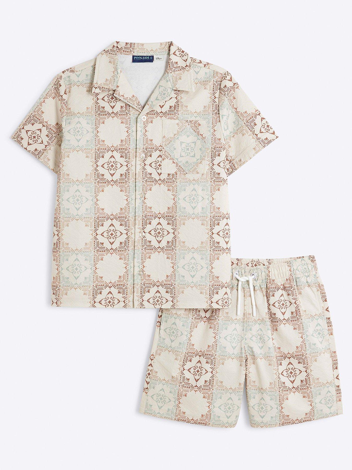 River Island Boys Aztec Shirt  &  Swim Shorts Set - Cream