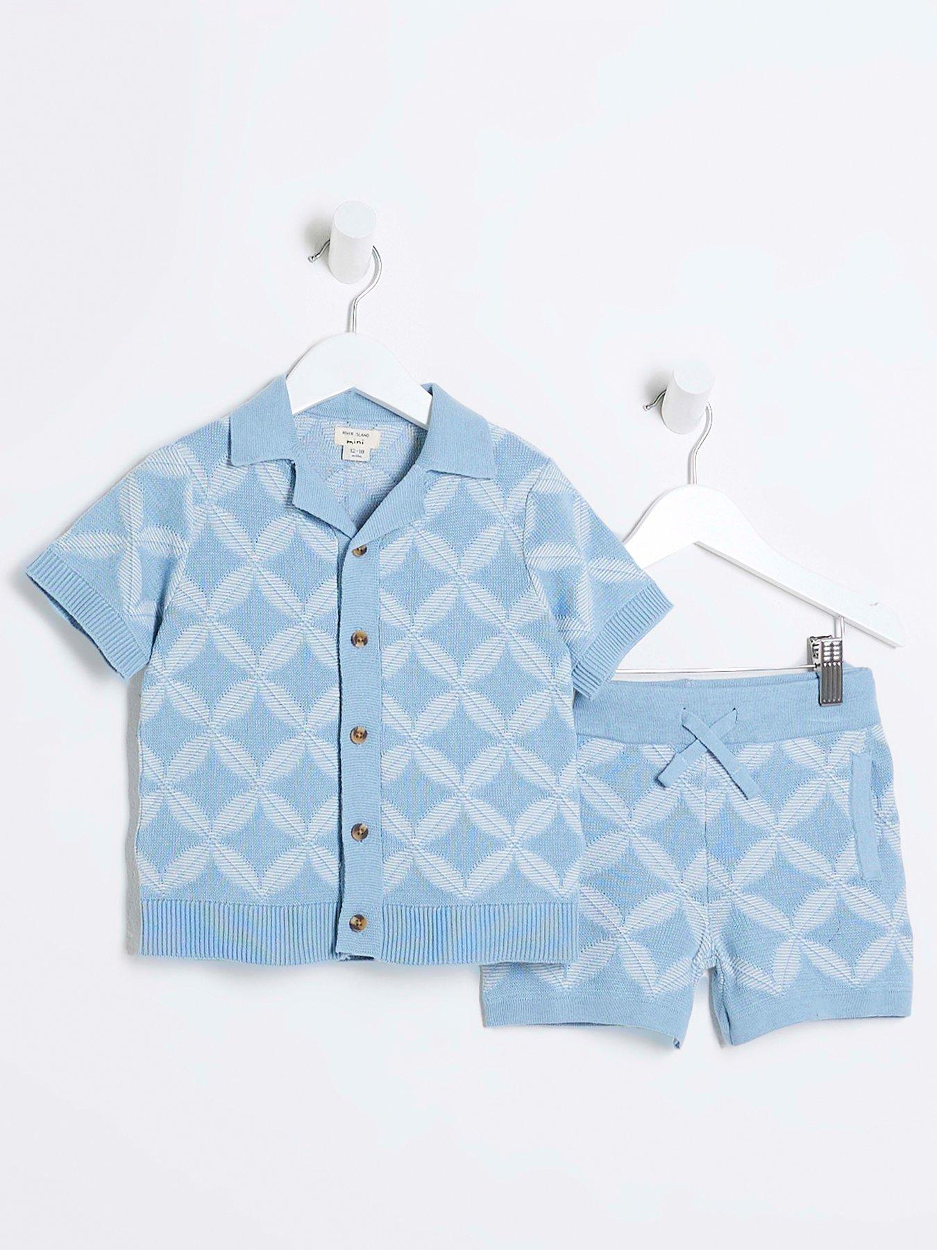 undefined Mini Boys Geometric Polo Shorts Set - Blue