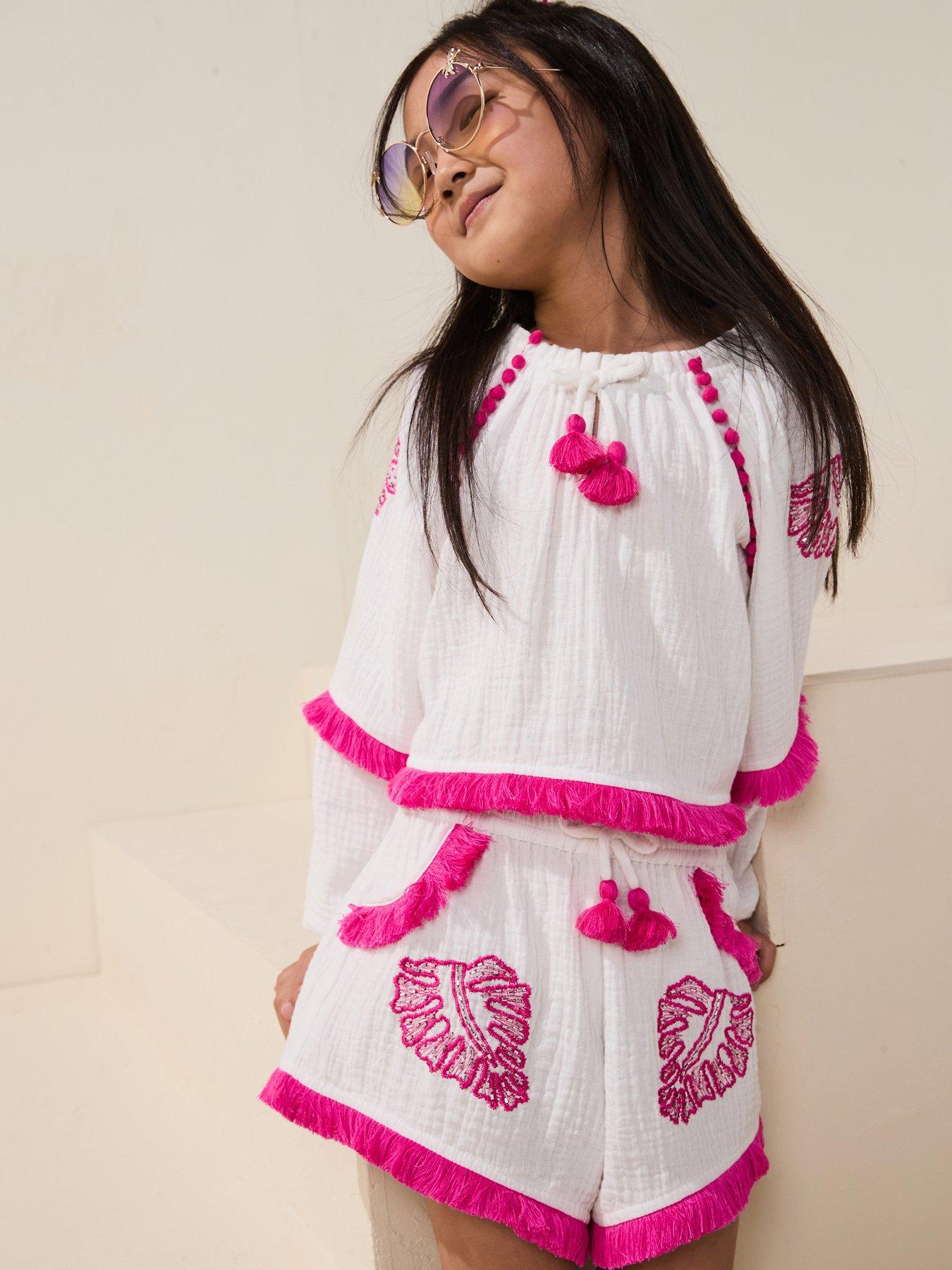 undefined Older Girl Embroidered Shorts Set - White