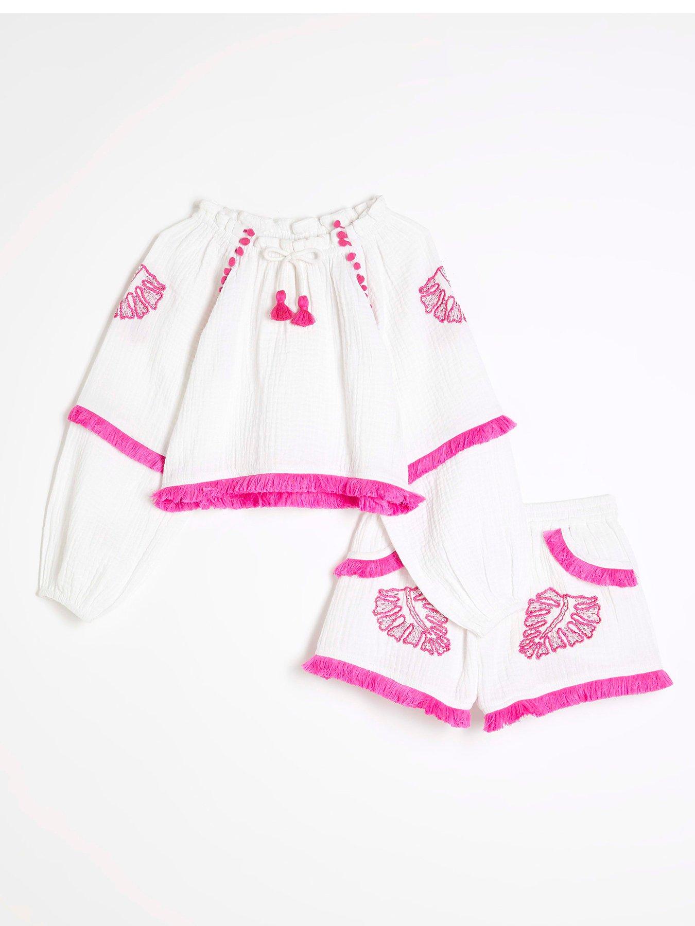 undefined Older Girls Embroidered Shorts Set - White