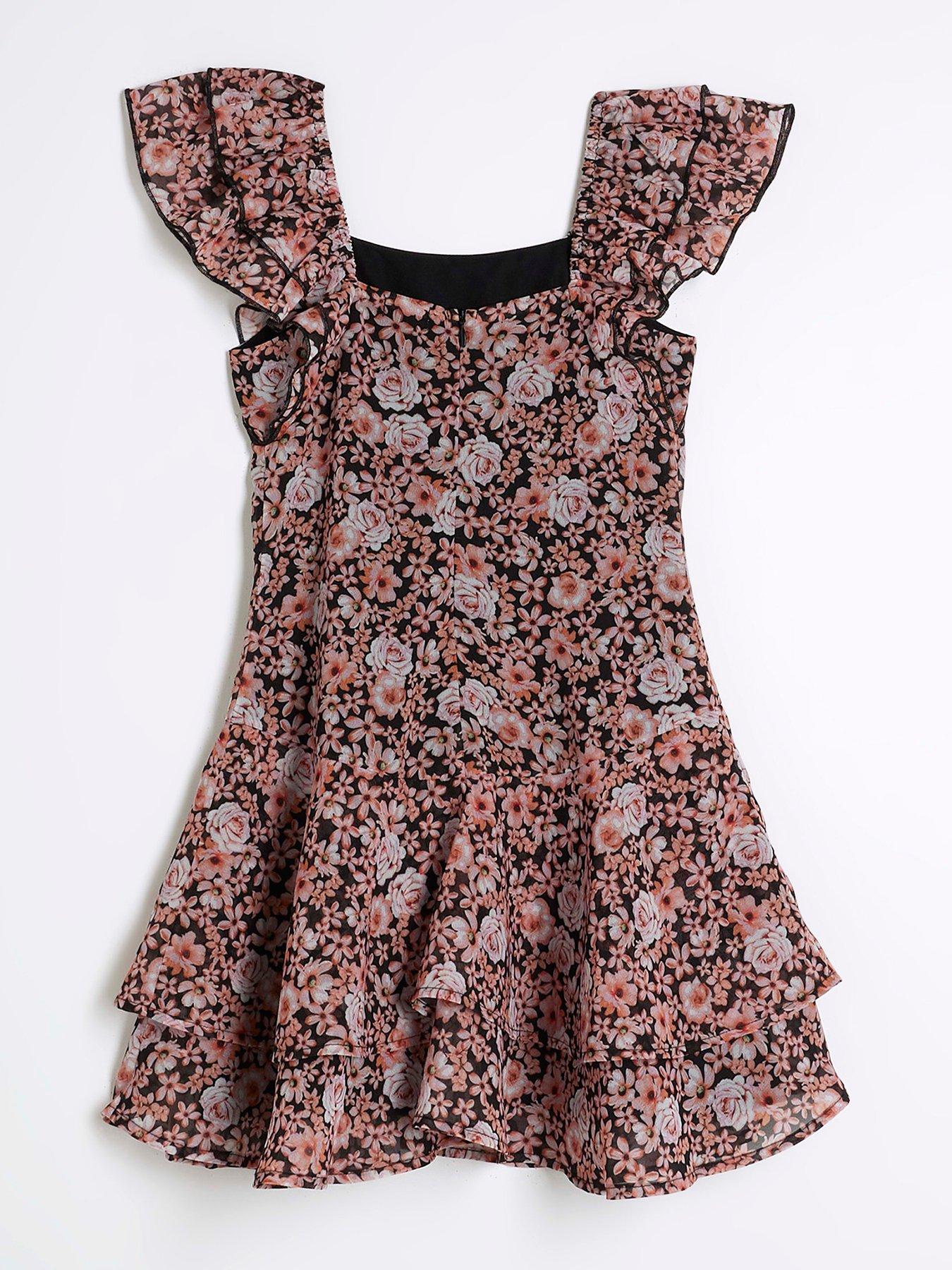 Image 2 of 4 of River Island Girls Floral Skater Dress - Black