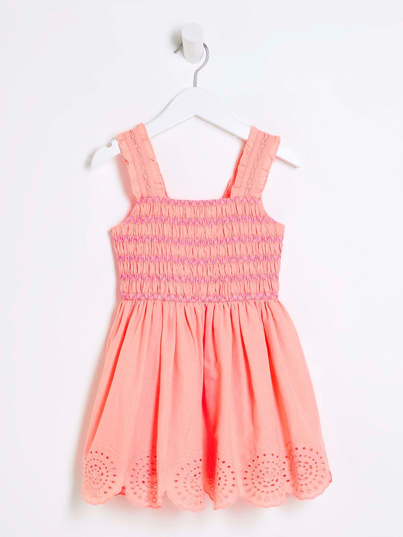 Image 2 of 5 of River Island Mini Mini Girls Broidery Bubble Hem Dress - Coral