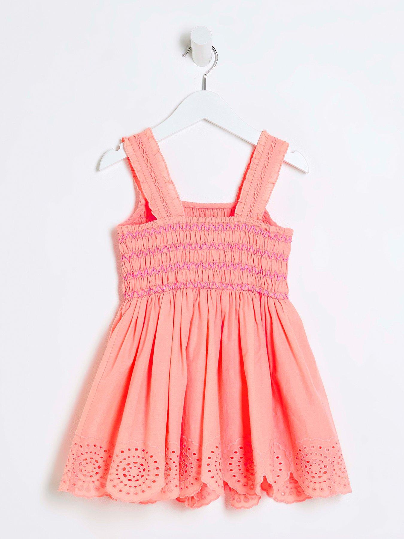 Image 3 of 5 of River Island Mini Mini Girls Broidery Bubble Hem Dress - Coral