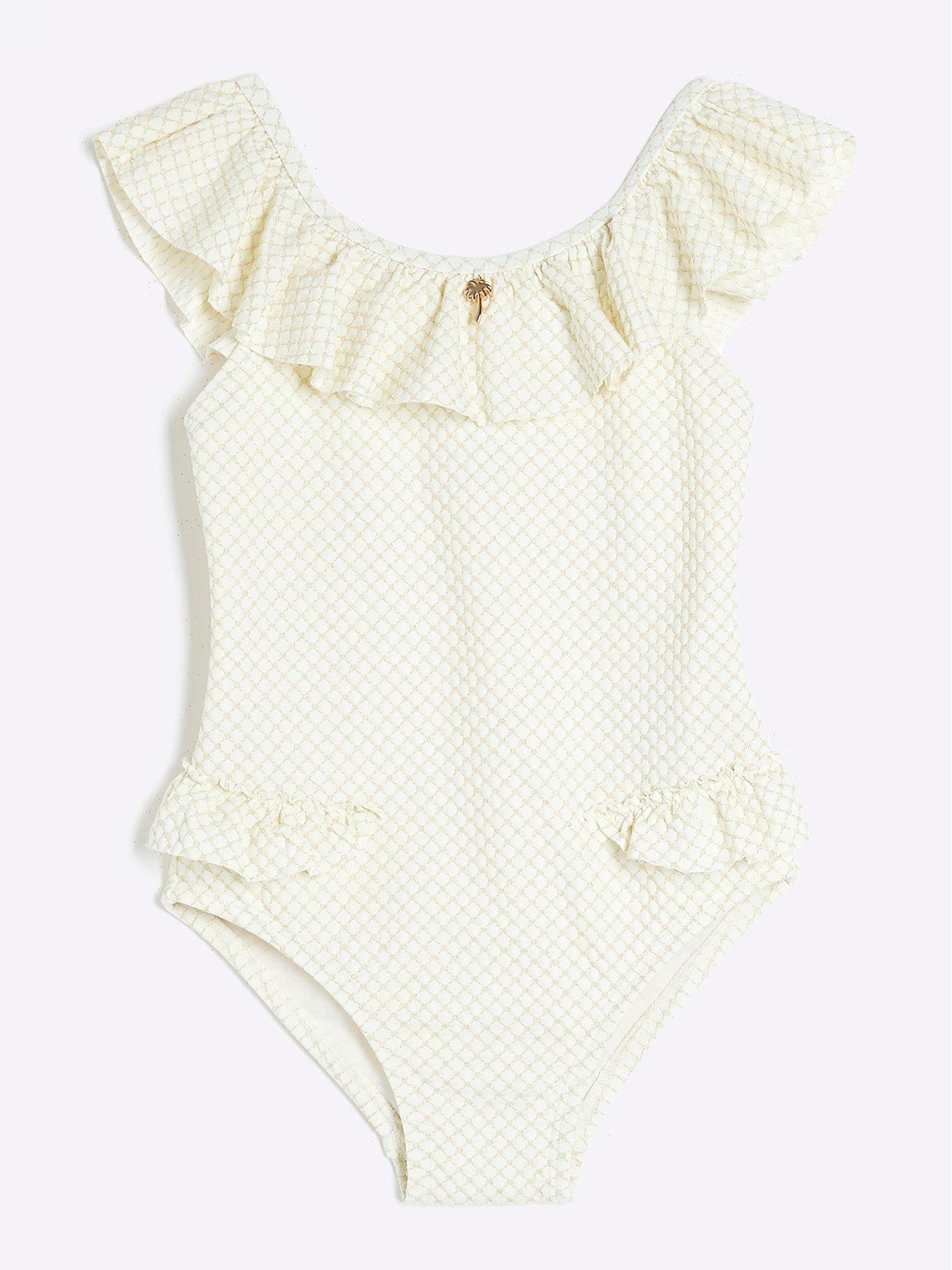 undefined Mini Girls Glitter Frilled Swimsuit - Cream