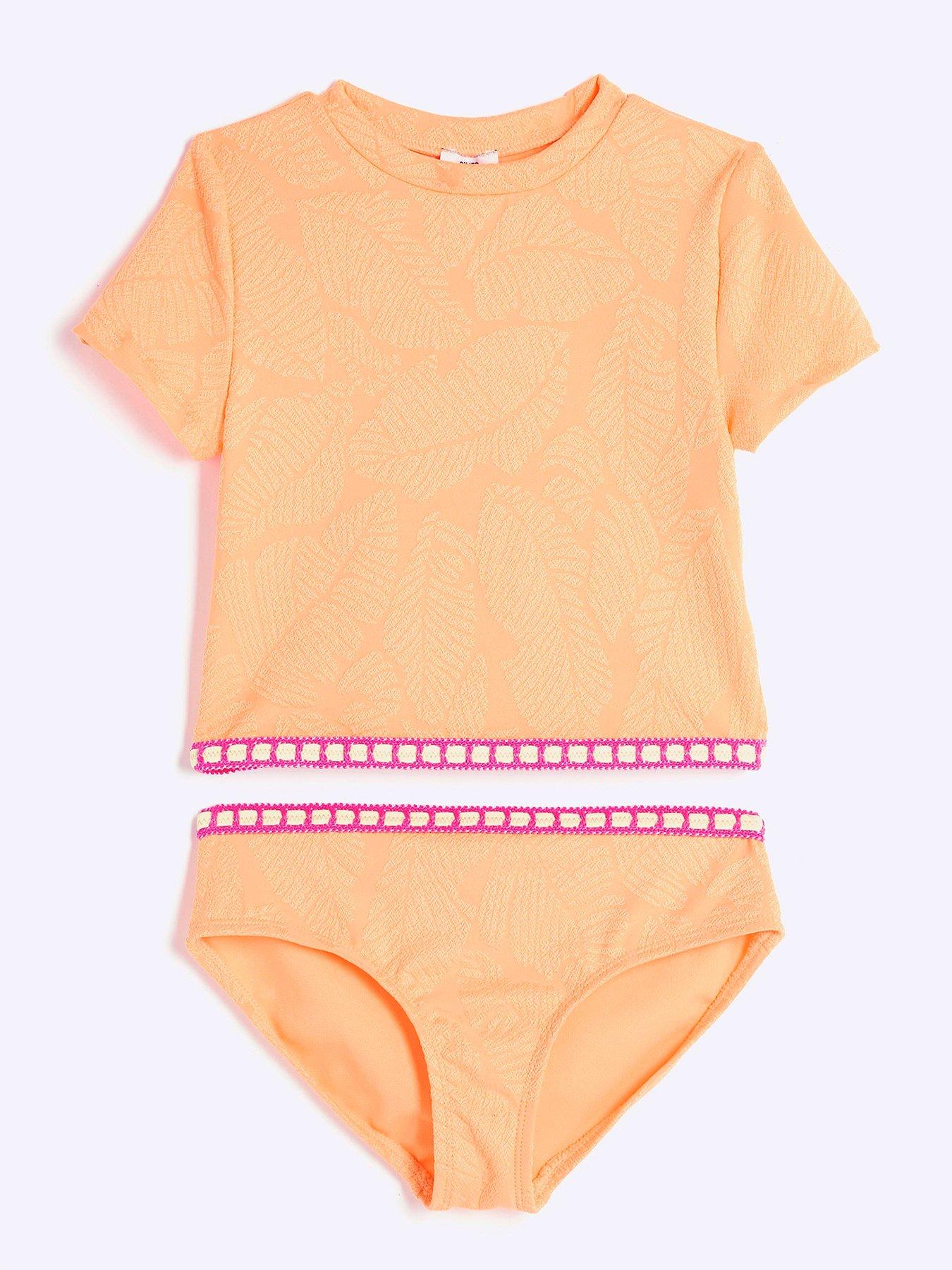 undefined Girls Palm Textured T-Shirt Bikini Set - Peach