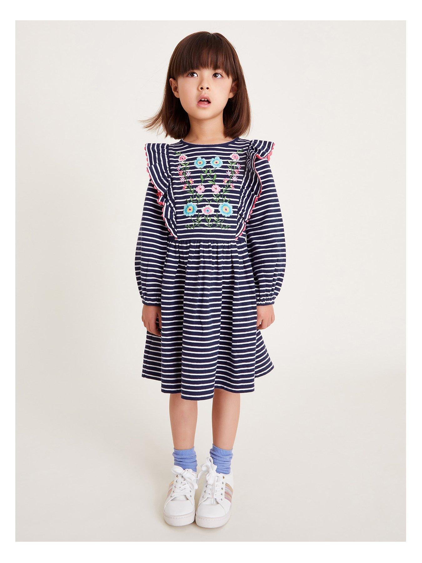 undefined Girls Striped Embroidered Sweat Dress - Navy