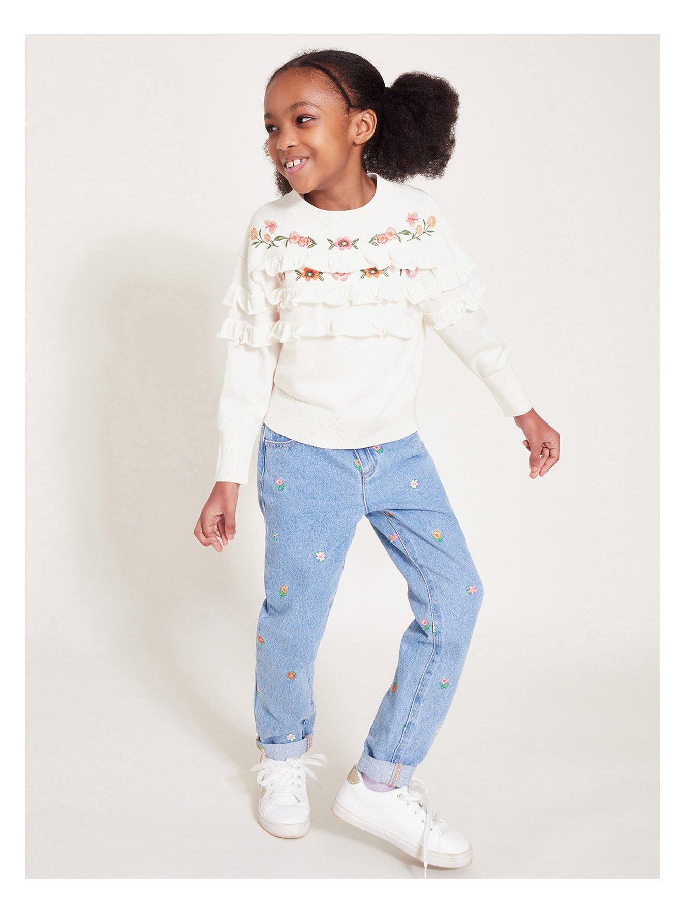 undefined Girls Embroidered Frill Knitted Jumper - Ivory