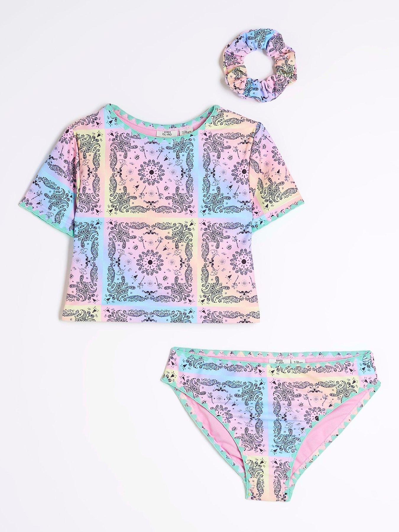 undefined Girls Bandana Print T-Shirt Bikini Set - Purple