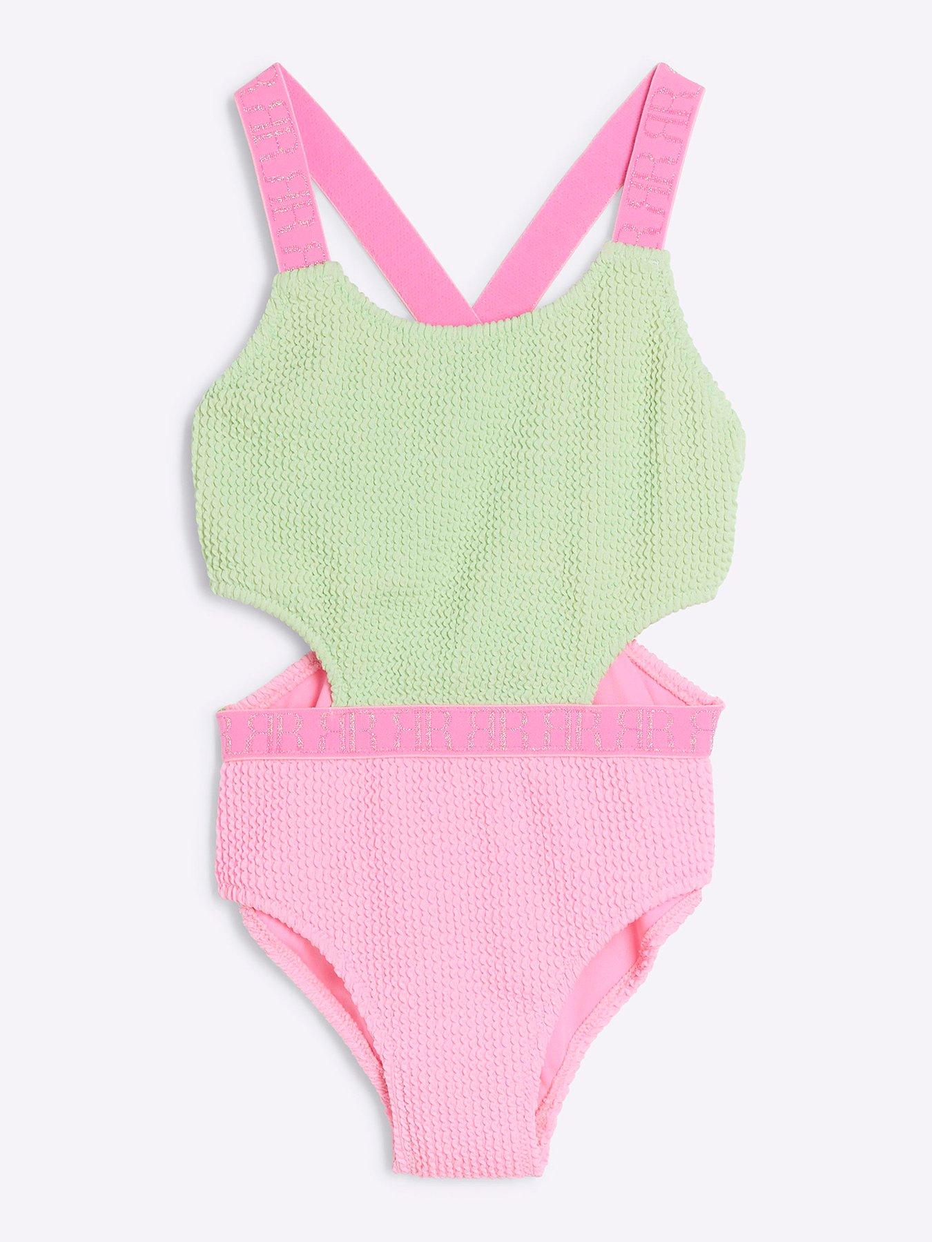 undefined Elastic Colour Block Swimsuit - Green/Pink