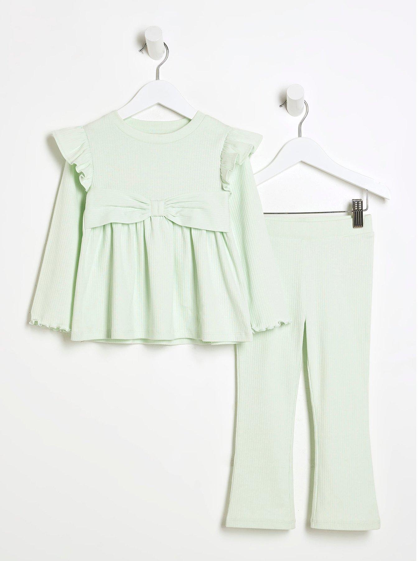 undefined Mini Girls Bow Peplum Kickflare Set - Light Green