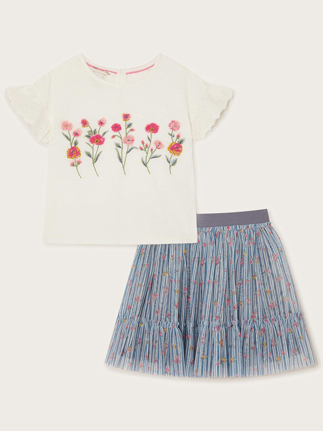undefined Girls Floral Embroidered Mesh Disco Set - Blue