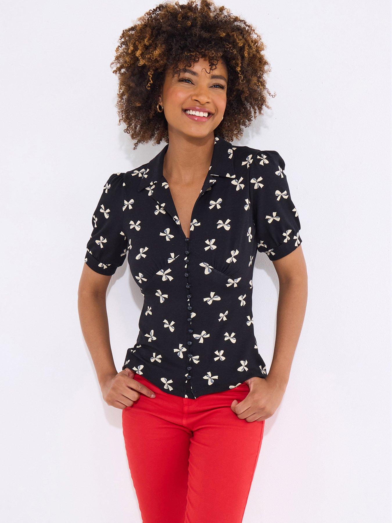 undefined Bonnie Bow Print Button Front Jersey Top - Black