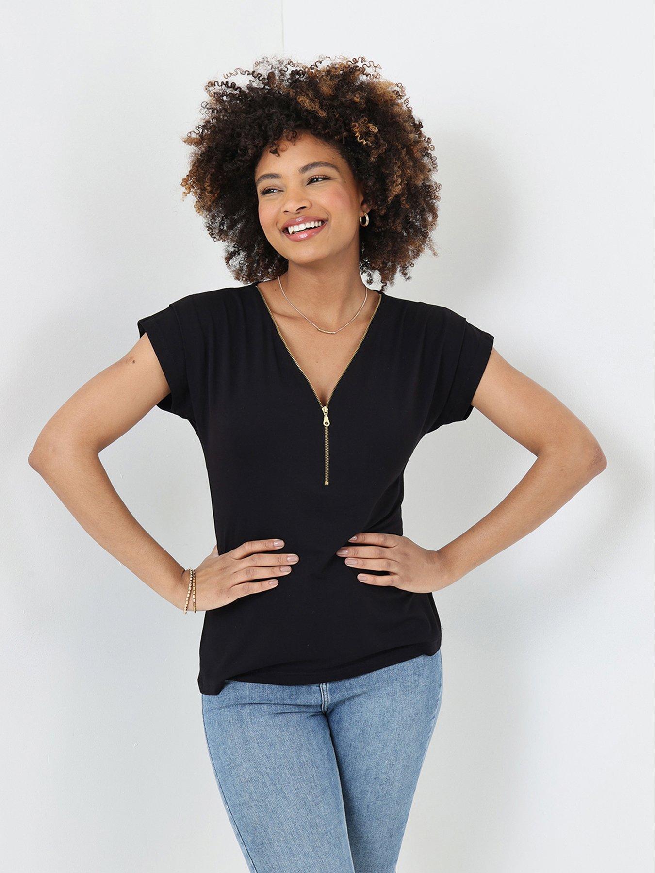 undefined Zip It Up Cap Sleeve Jersey Top - Black