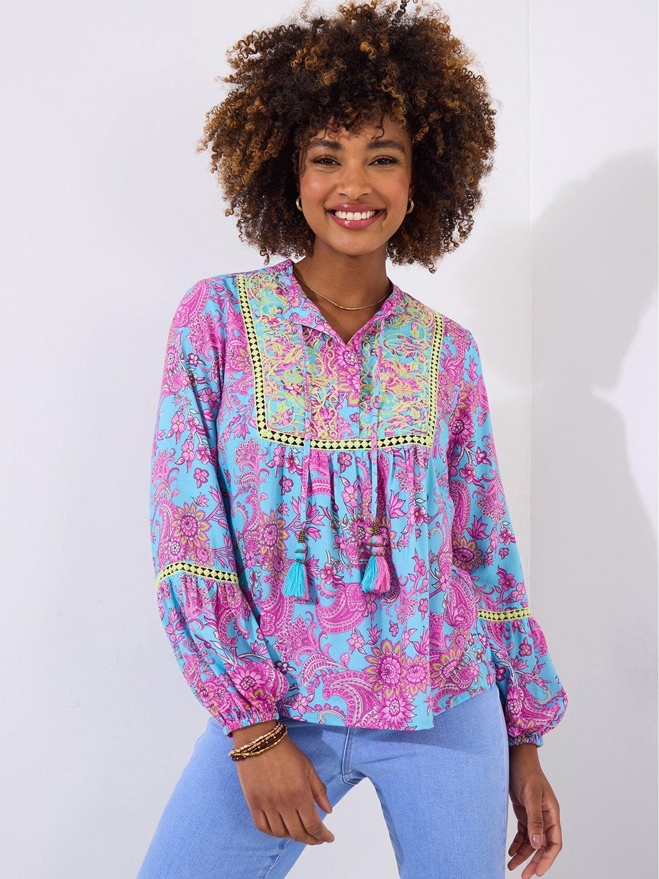 undefined Aline Embroidered Print Top - Blue