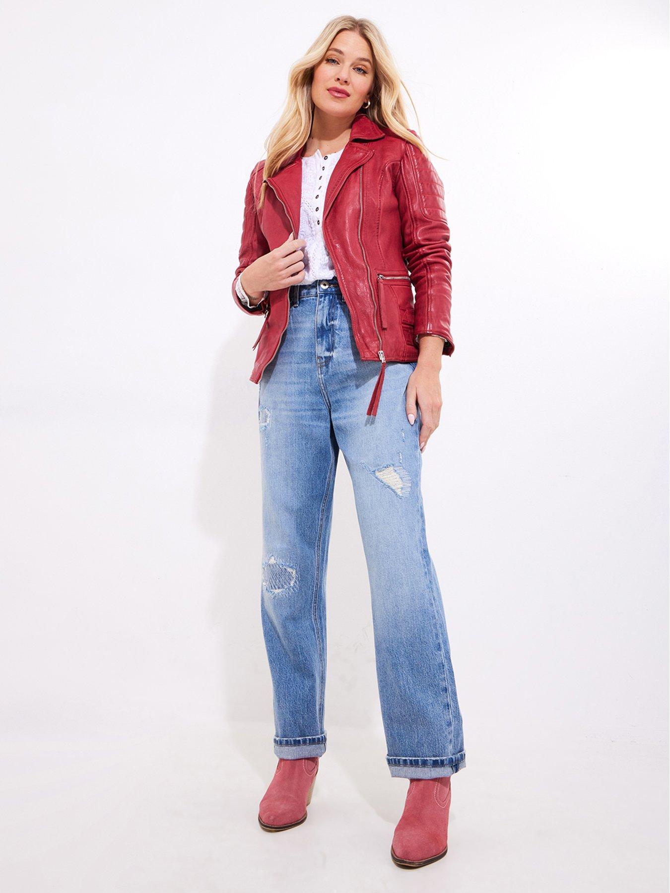 Joe Browns Ruby Leather Collared Biker Jacket - Red | Very