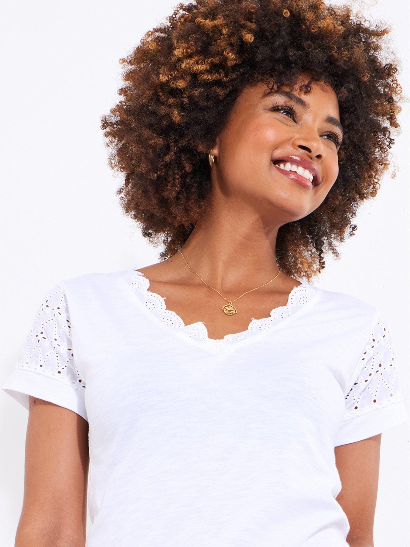 Image 3 of 5 of Joe Browns Summer Days Broderie Insert V-neck T-shirt - White