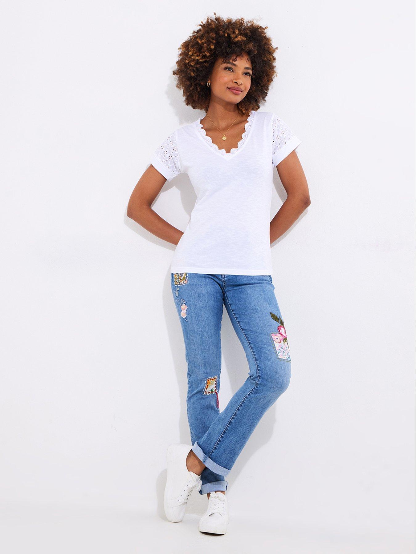 Image 4 of 5 of Joe Browns Summer Days Broderie Insert V-neck T-shirt - White