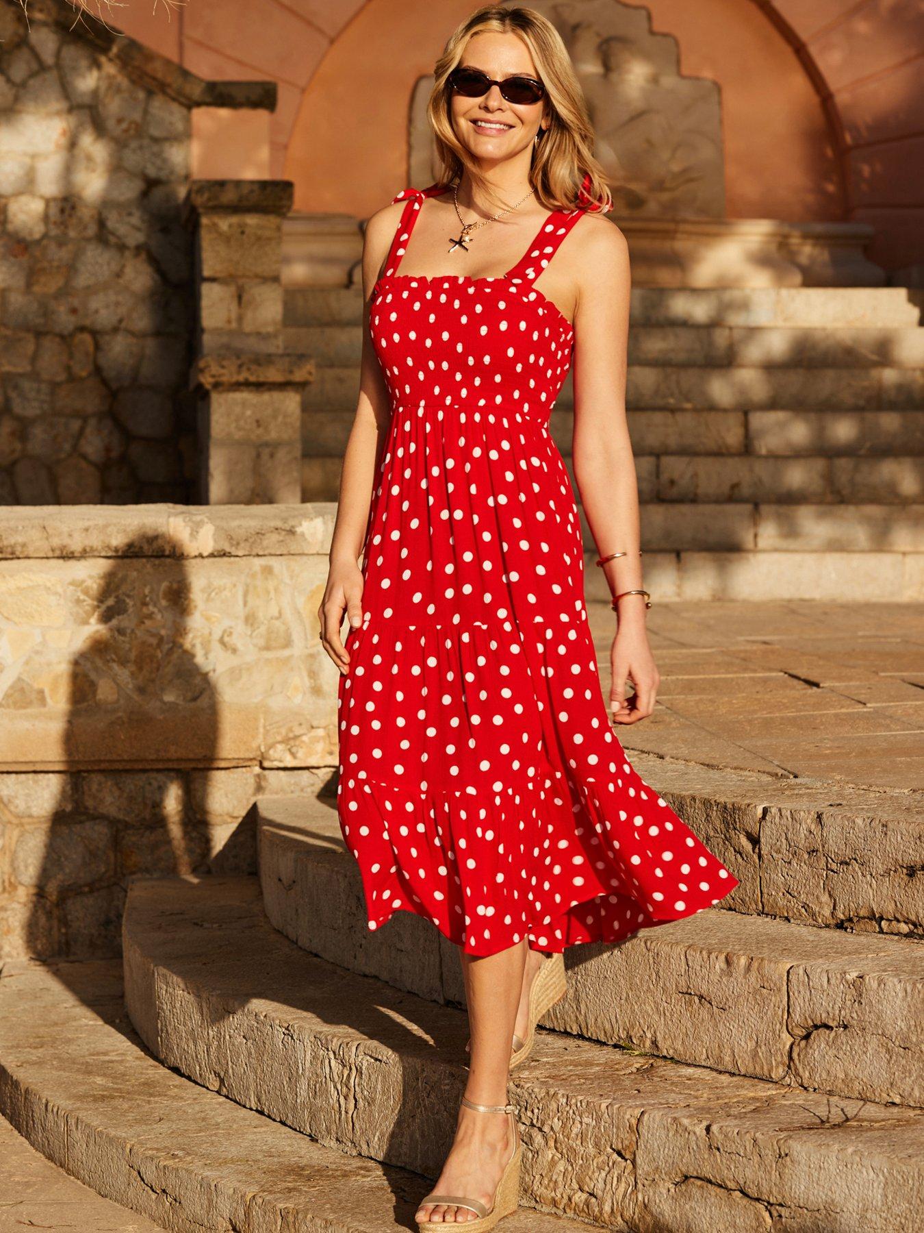 undefined Red Spot Print Tie Shoulder Tiered Hem Maxi Dress