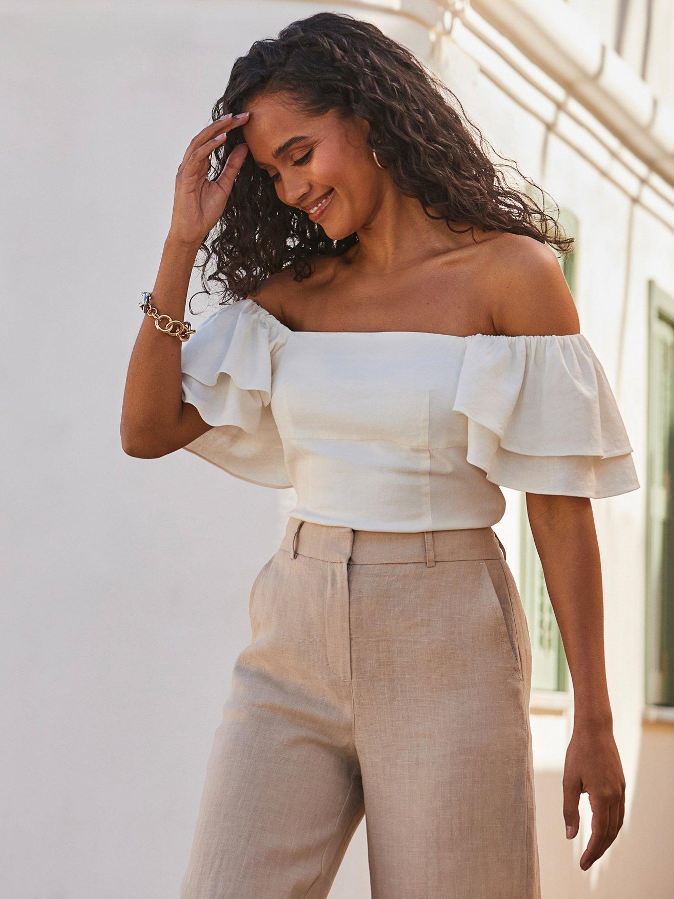 undefined Ivory Linen Blend Ruffle Sleeve Bardot Top