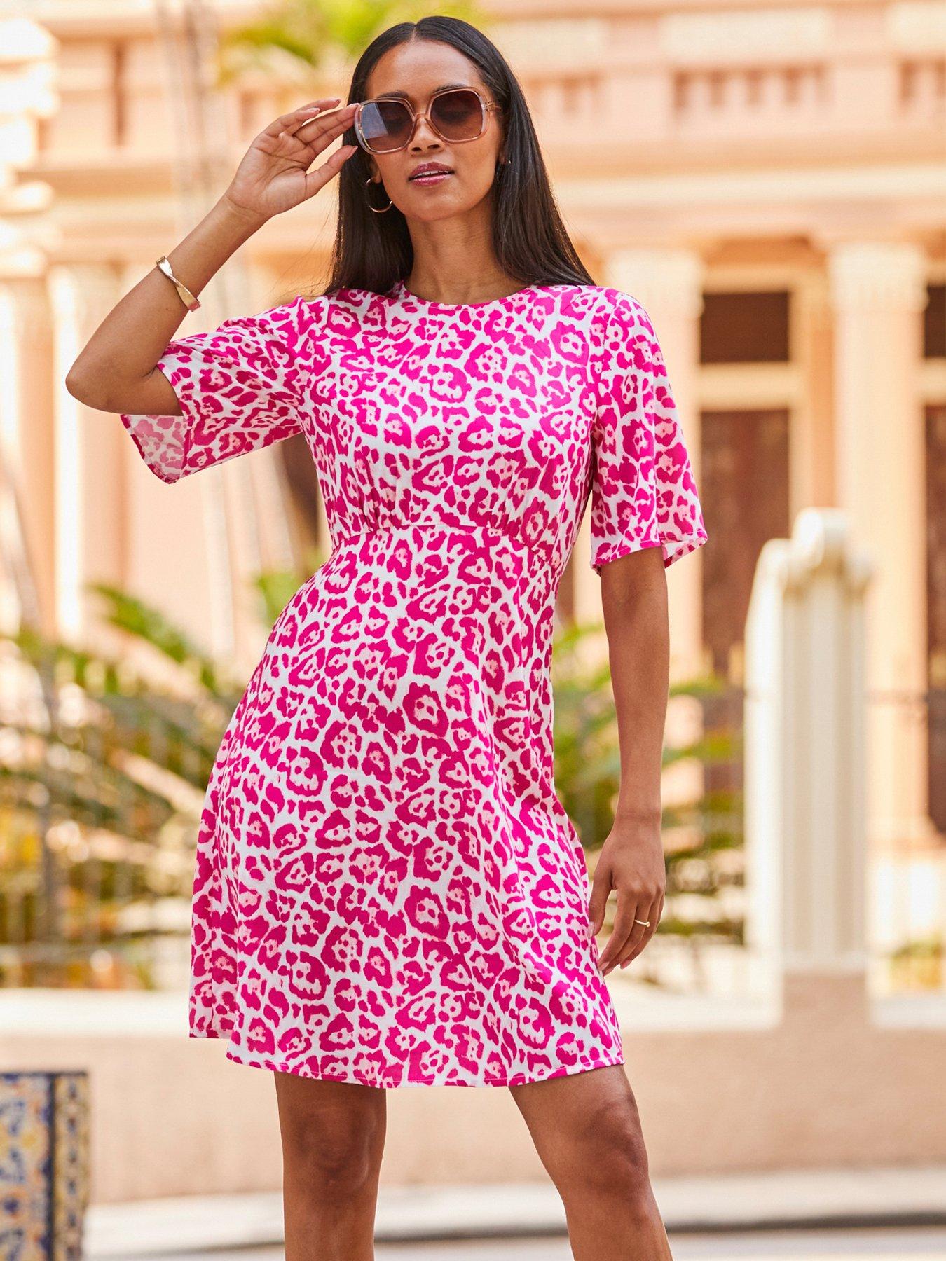 undefined Animal Print Fluted Sleeve Fit  &  Flare Dress - Pink