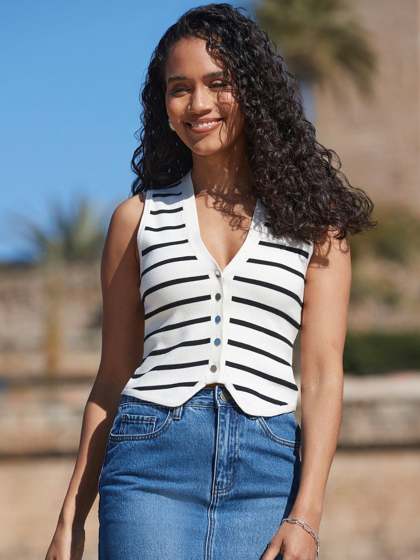 undefined Ivory & Black Stripe Knitted Waistcoat