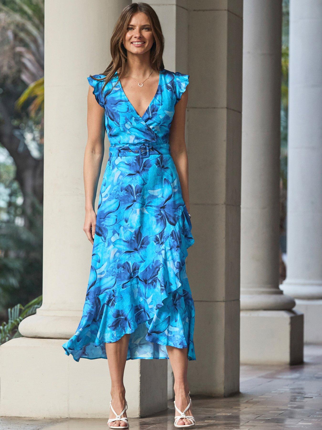 undefined Floral Print Wrap Ruffle Hem Midi Dress  - Blue
