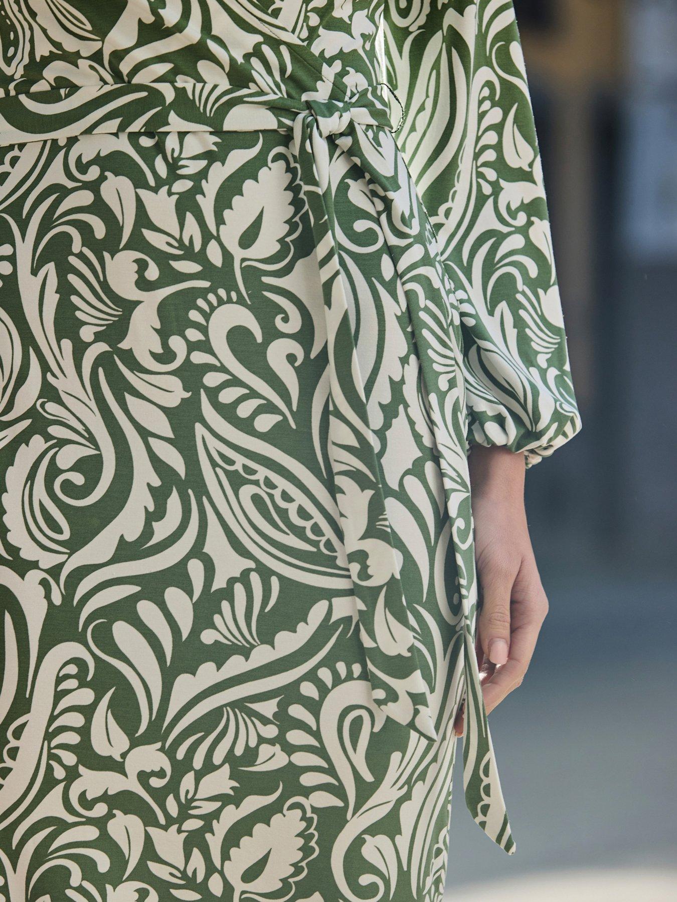 Image 4 of 5 of Sosandar Paisley Print Faux Wrap Dress - Sage Green