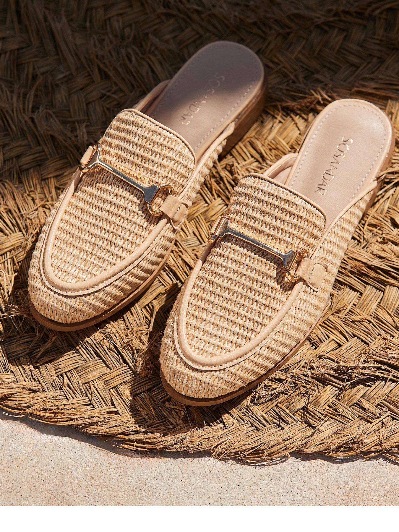Image of Sosandar Natural Raffia Gold Trim Mule Loafers - Tan
