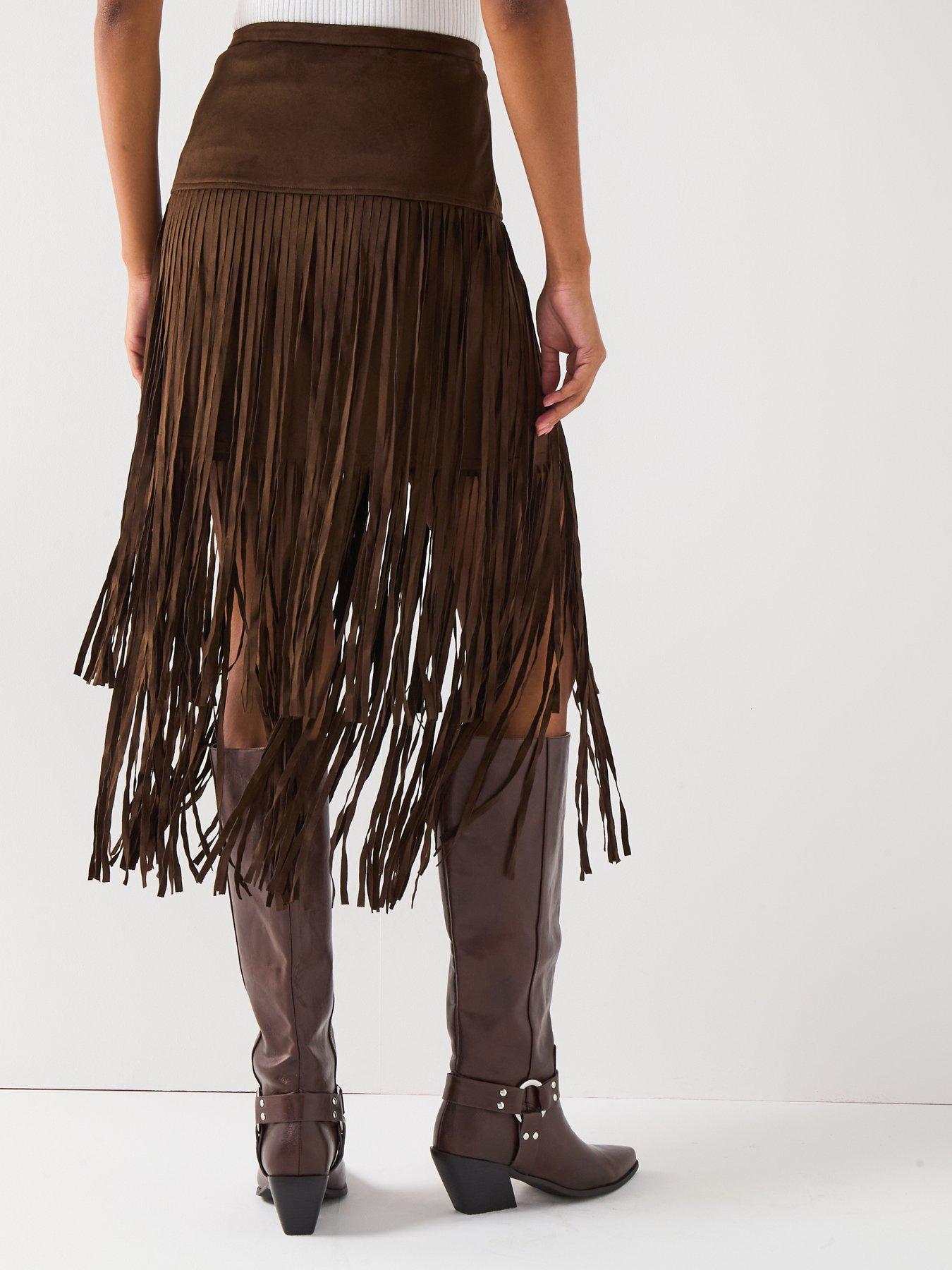 Image 2 of 6 of V by Very Fringe Midi Skirt - Brown