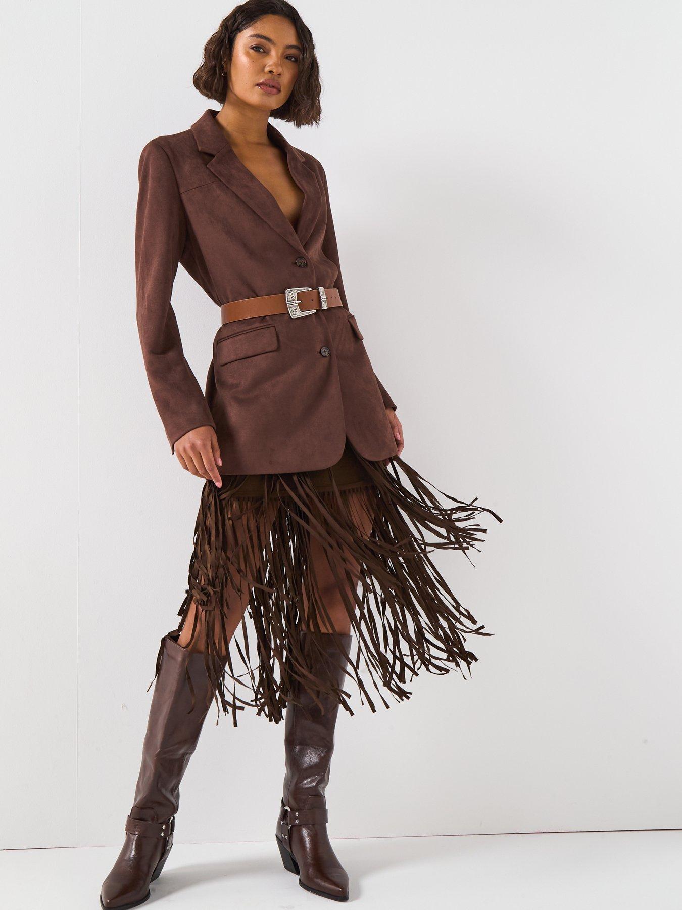 Image 3 of 6 of V by Very Fringe Midi Skirt - Brown