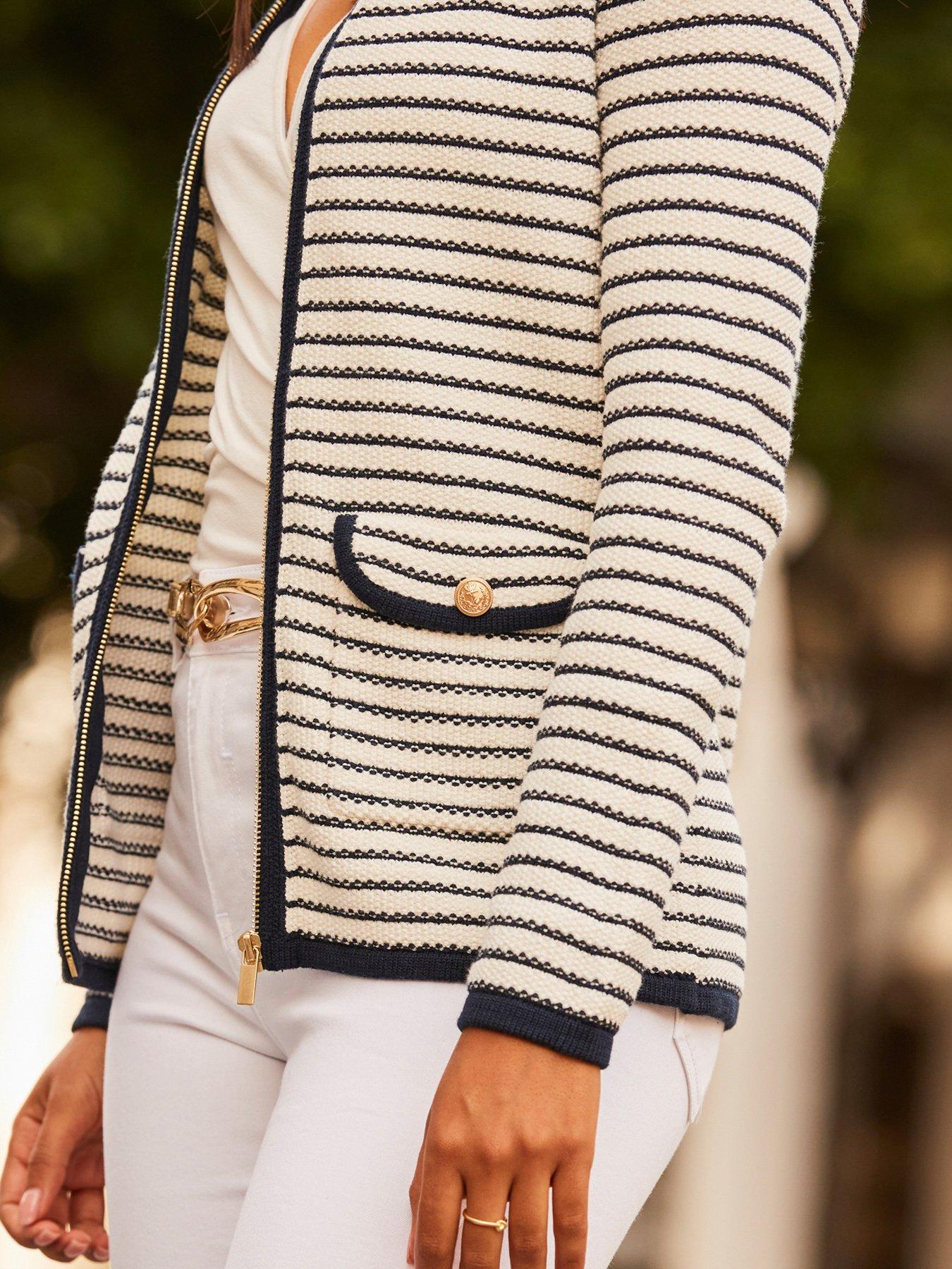 Image 4 of 4 of Sosandar Black & White Stripe Zip Detail Cardigan