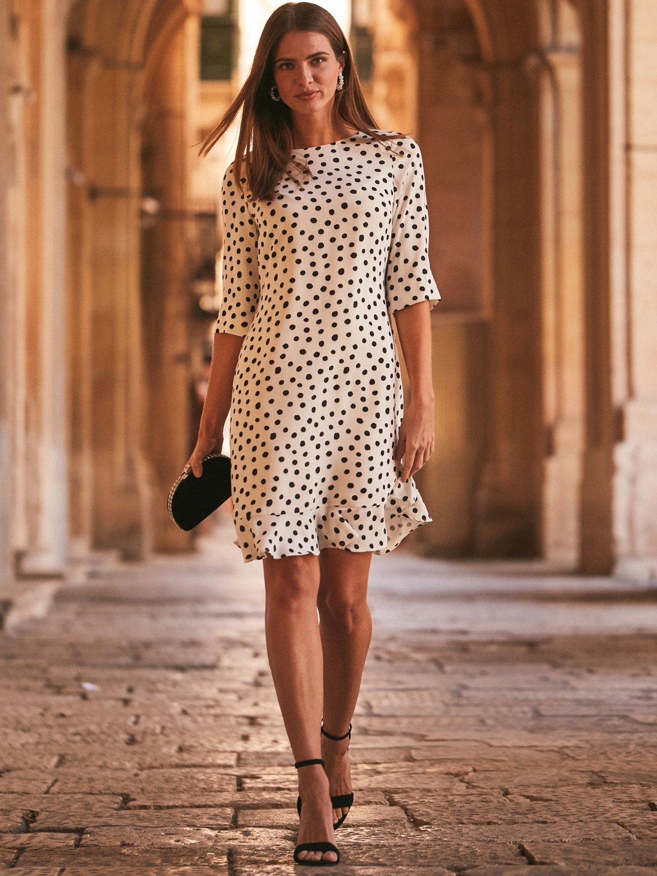 undefined Ivory & Black Spot Print Ruffle Hem Shift Dress