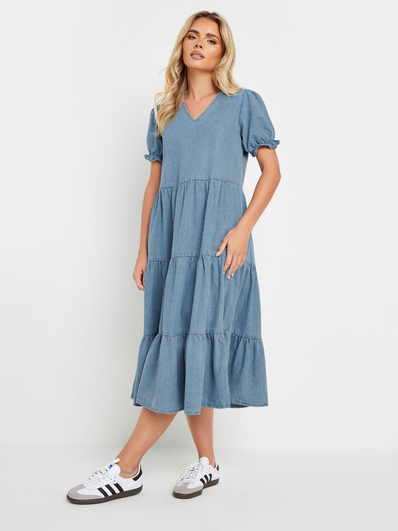undefined Short Sleeve Tiered Frill Midi Dress - Blue