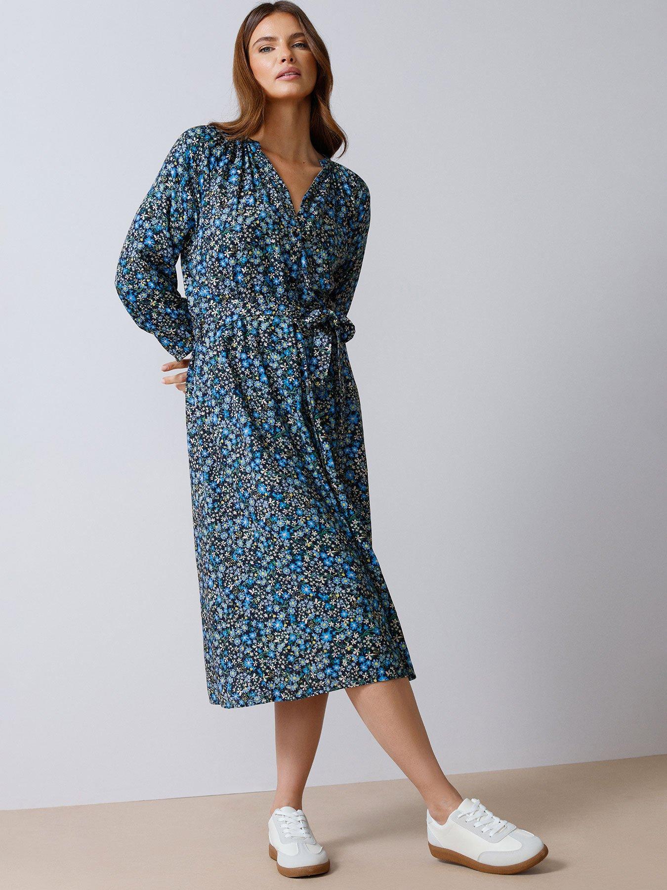 undefined Ditsy Button Through 3/4 Sleeve Dress - Blue