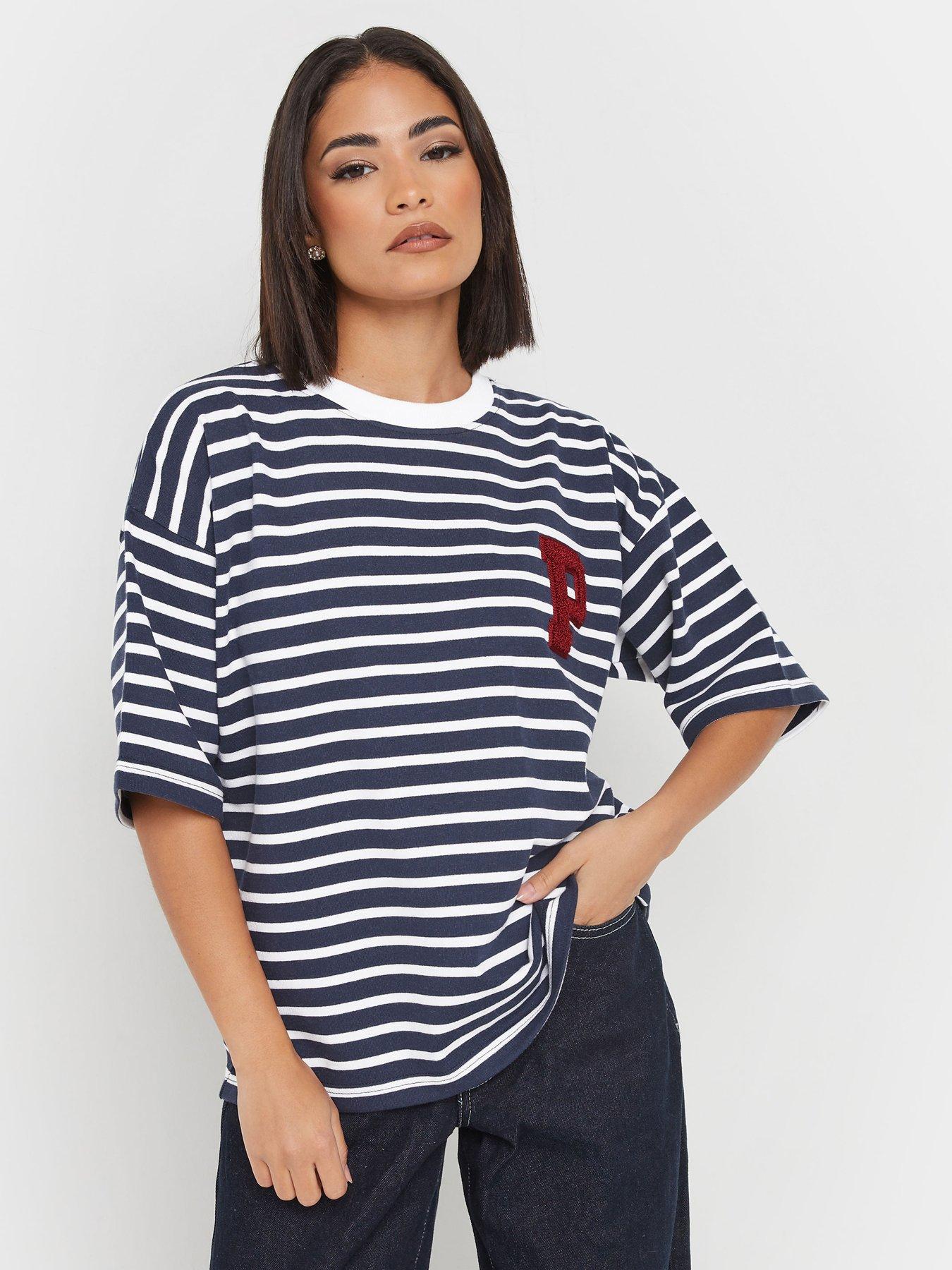 undefined Stipe Short Sleeve Sweat Top