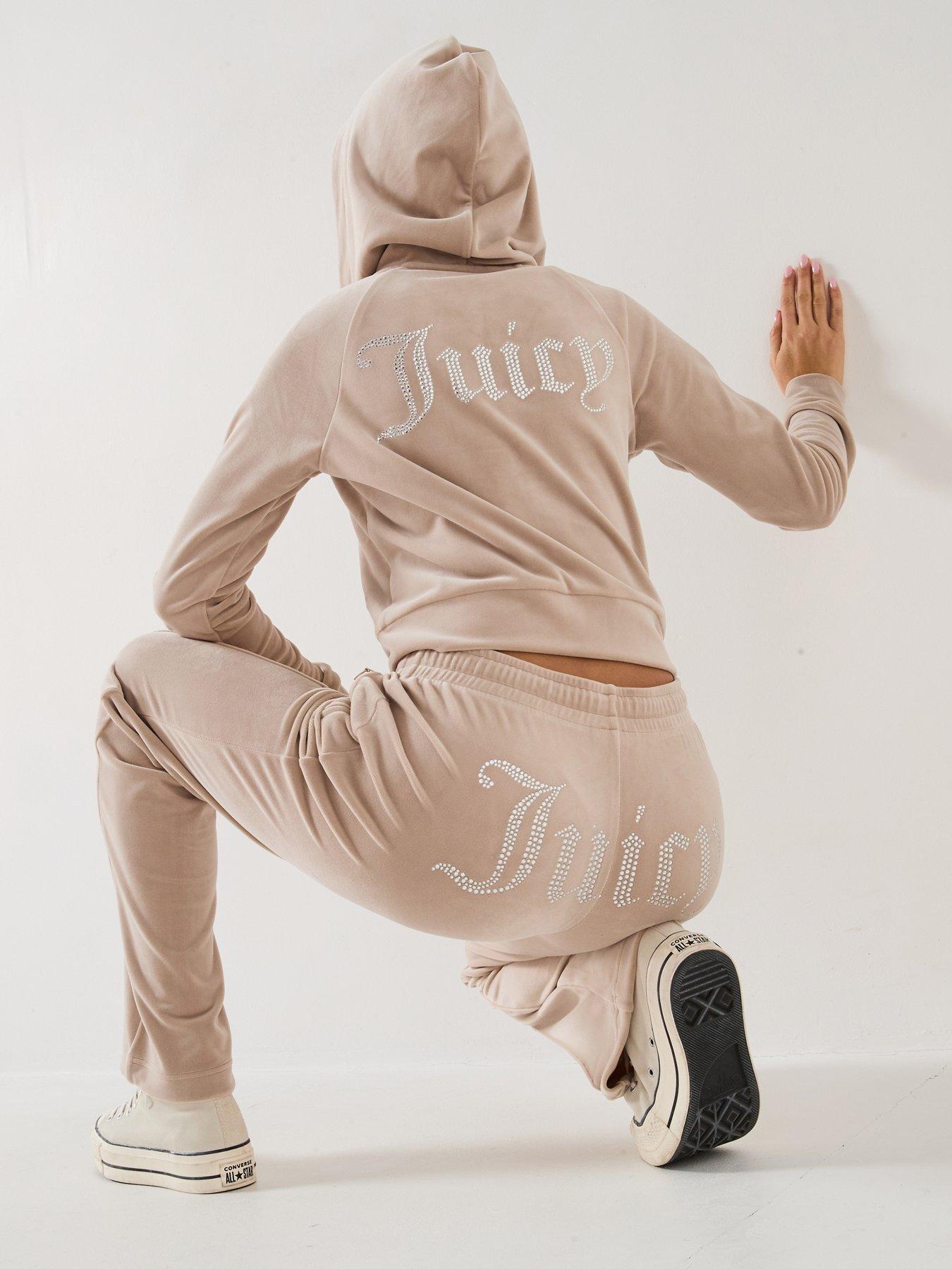 undefined Classic Velour Zip Up Madison Diamante Logo Hoodie - Beige