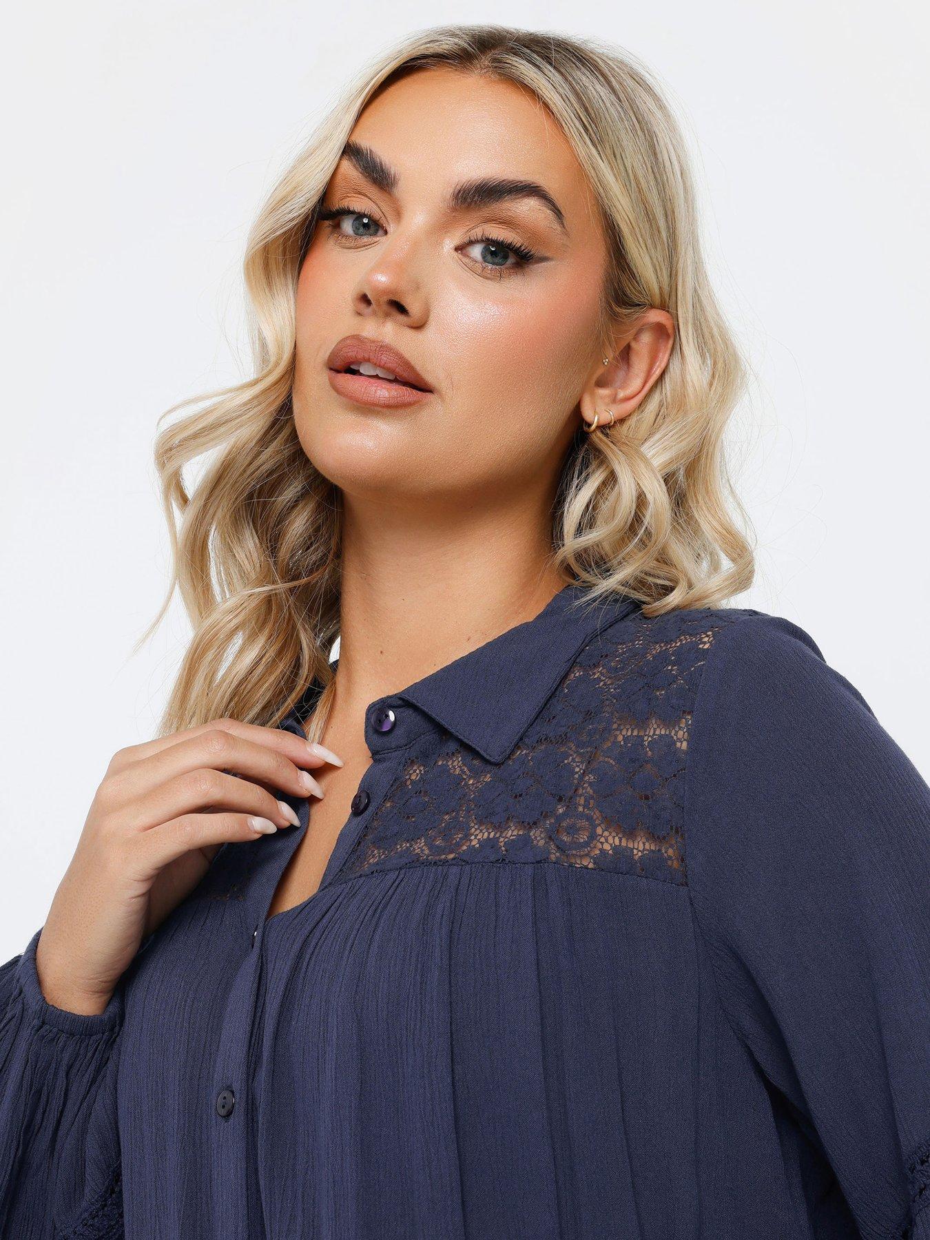 Image 4 of 4 of Yours Curve Crochet Insert Boho Shirt - Blue