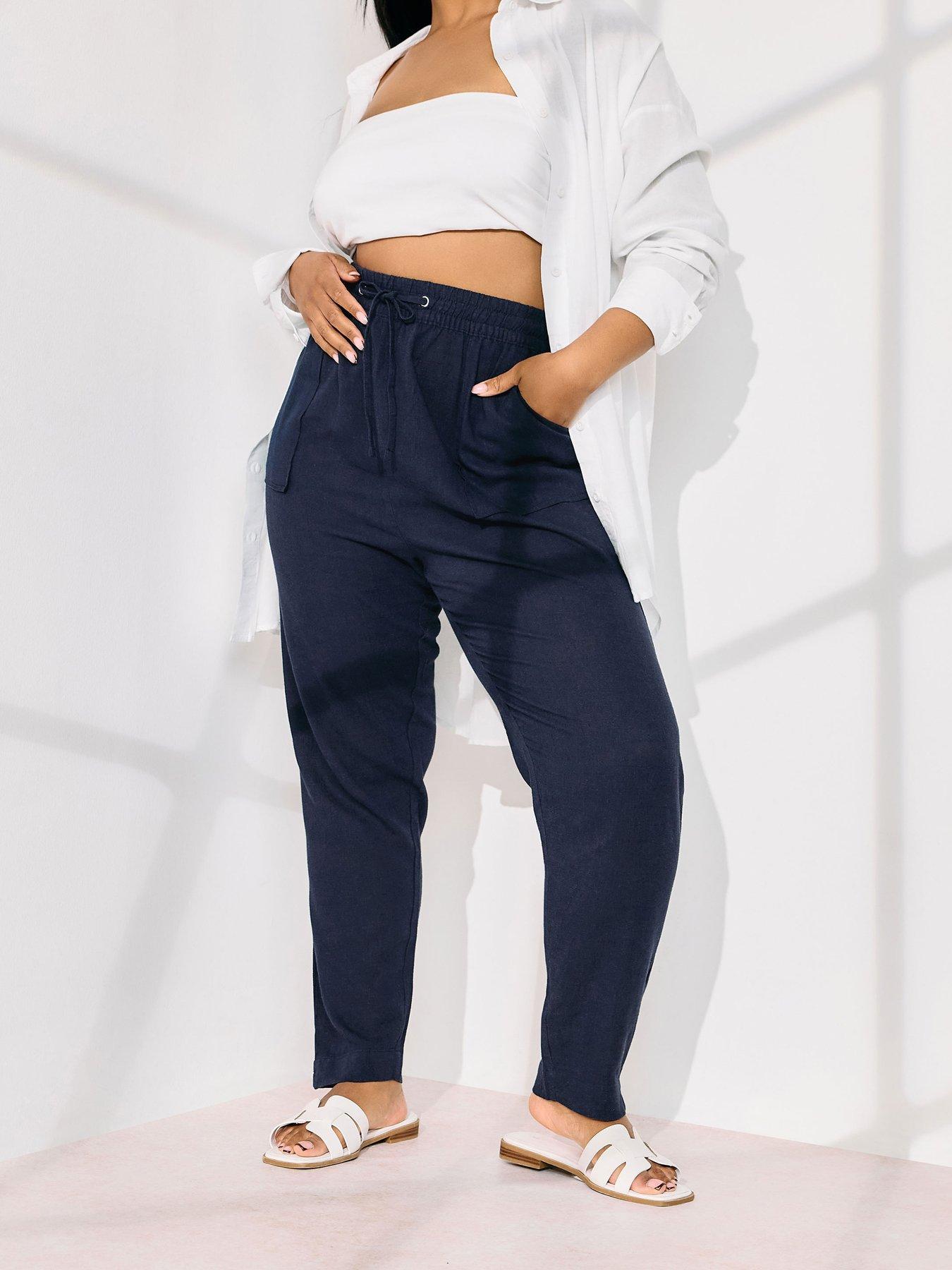 Yours Curve Linen Joggers, Blue, Size 16, Women