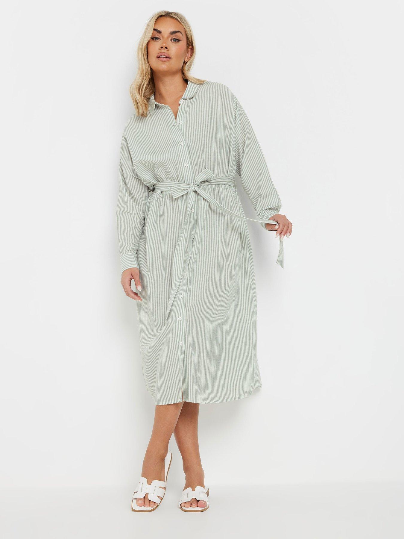 Image 1 of 4 of Yours Curve Long Sleeve Linen Stripe Shirt Dress - Green