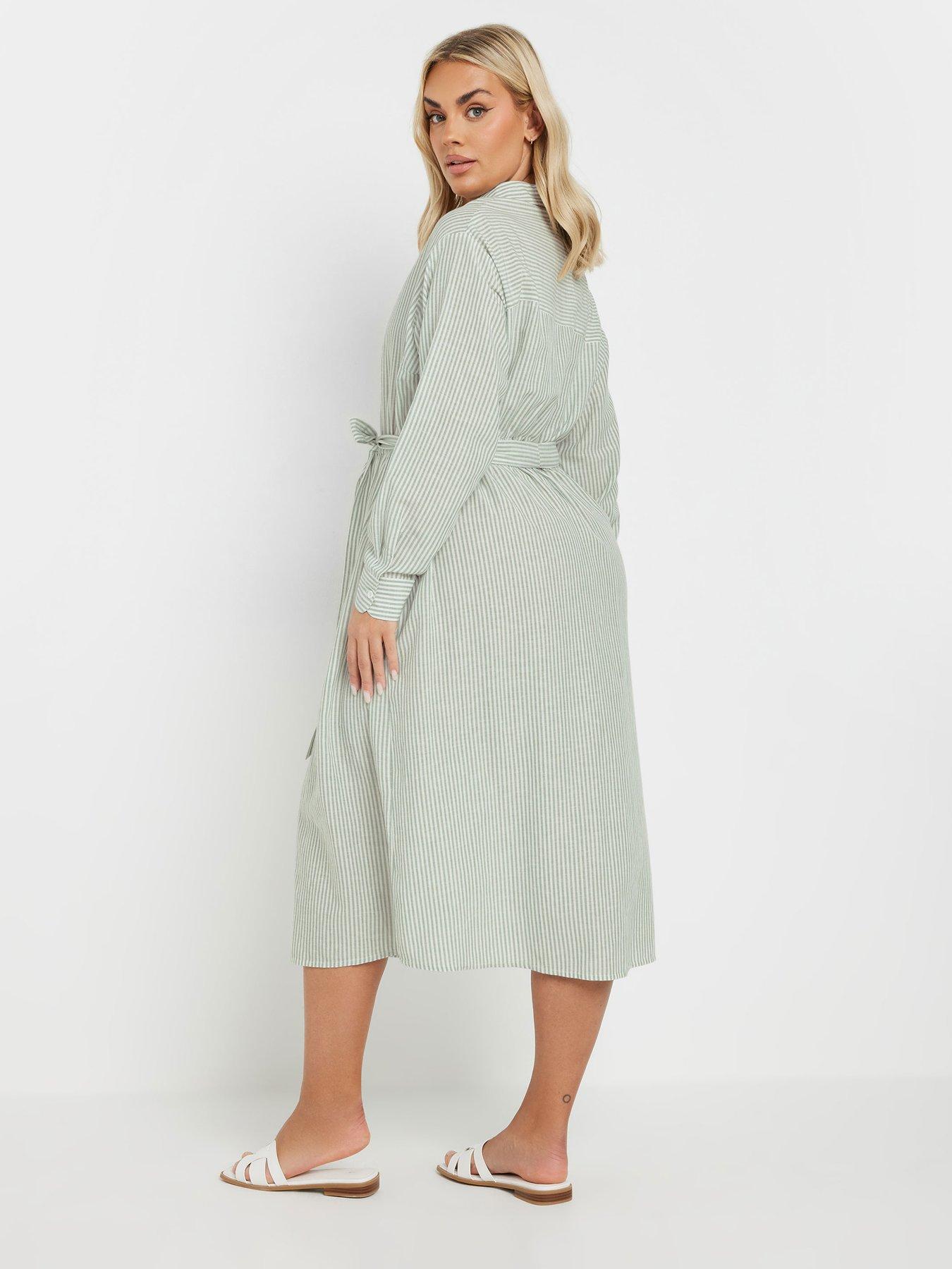 Image 2 of 4 of Yours Curve Long Sleeve Linen Stripe Shirt Dress - Green