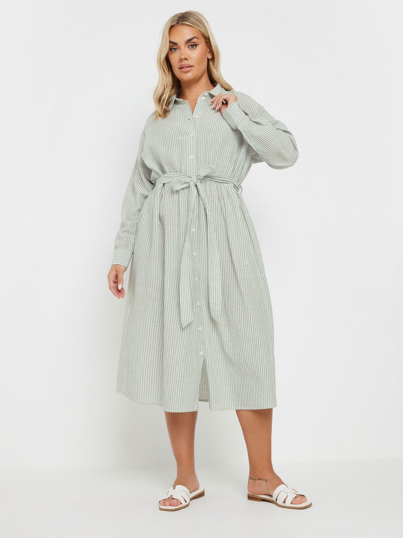 Image 3 of 4 of Yours Curve Long Sleeve Linen Stripe Shirt Dress - Green